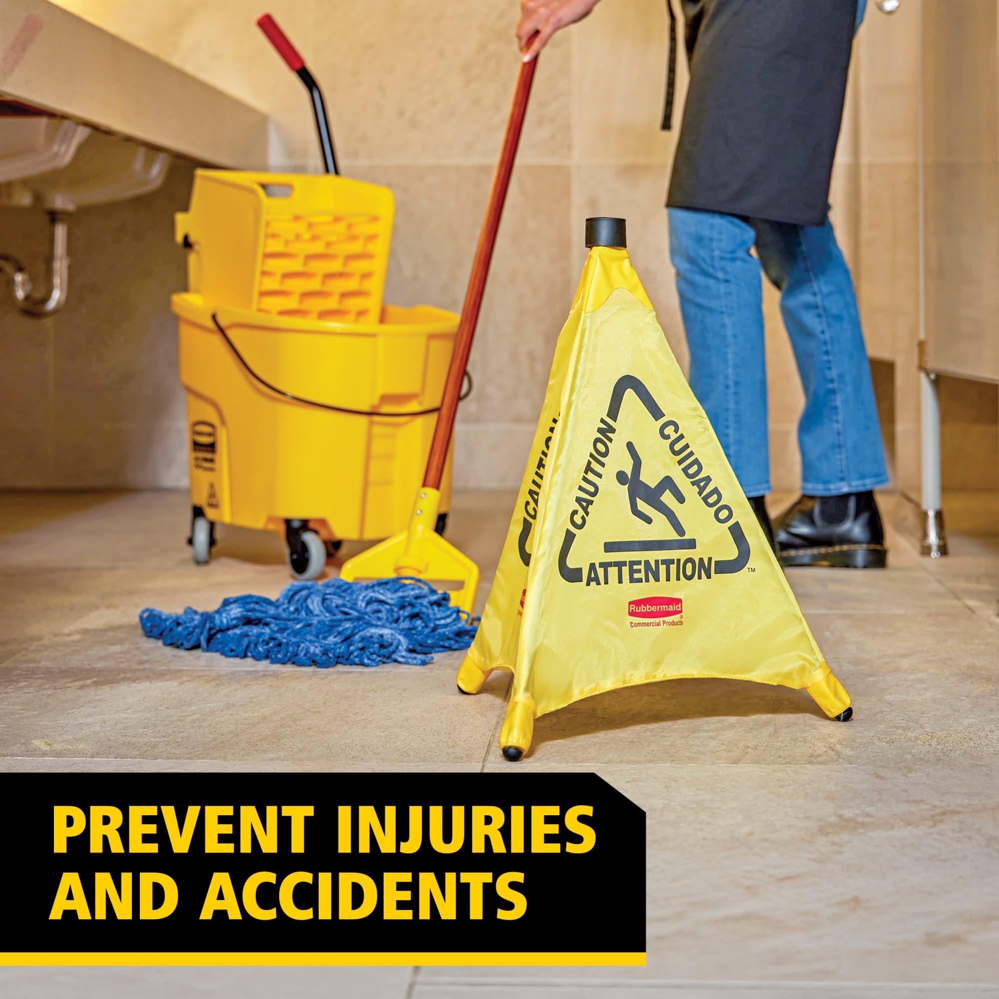 Collapsible sign automatically deploys when removed from wall-mounted storage tube. Multilingual safety communication utilizes ANSI/OSHA-compliant color and graphics