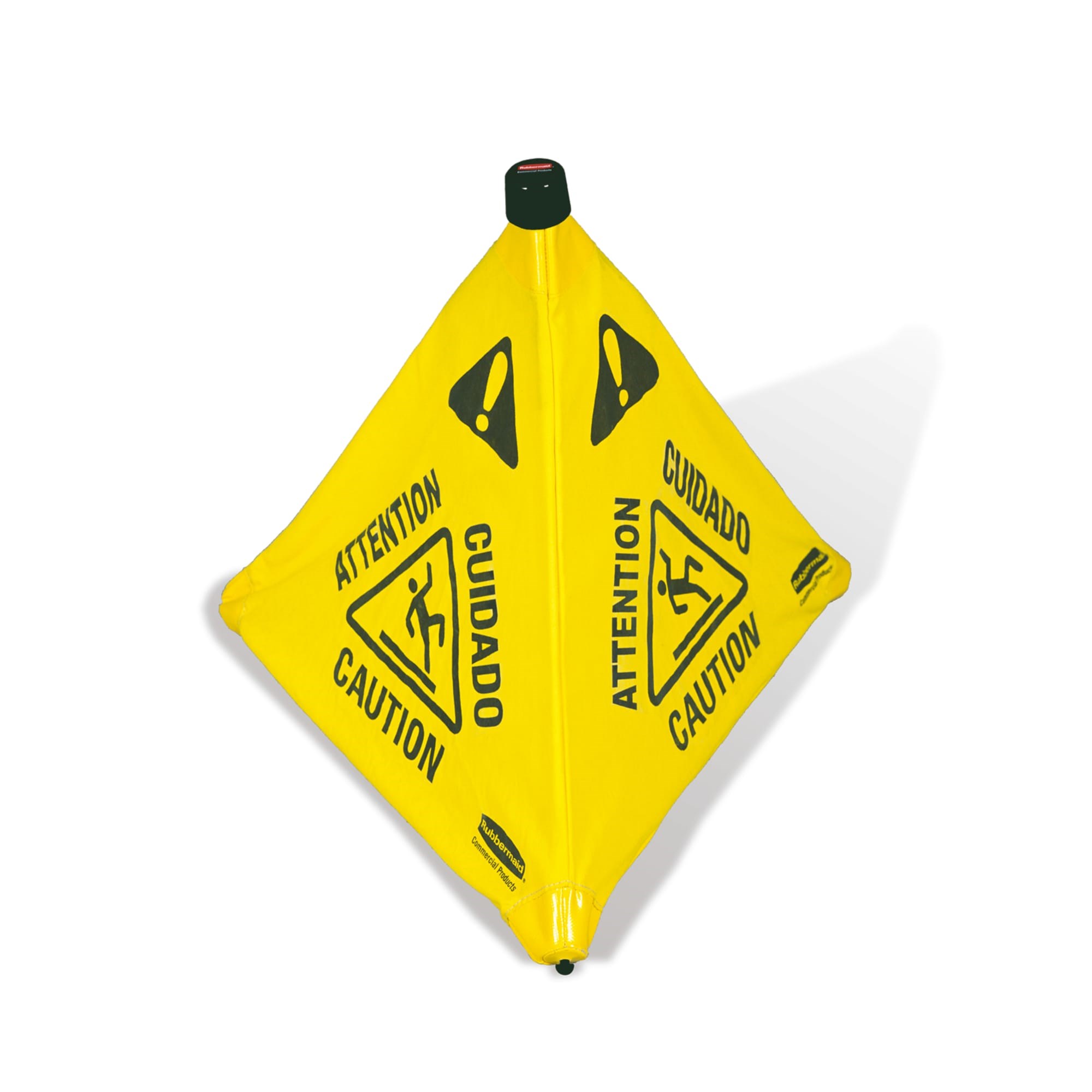 Collapsible sign automatically deploys when removed from wall-mounted storage tube. Multilingual safety communication utilizes ANSI/OSHA-compliant color and graphics