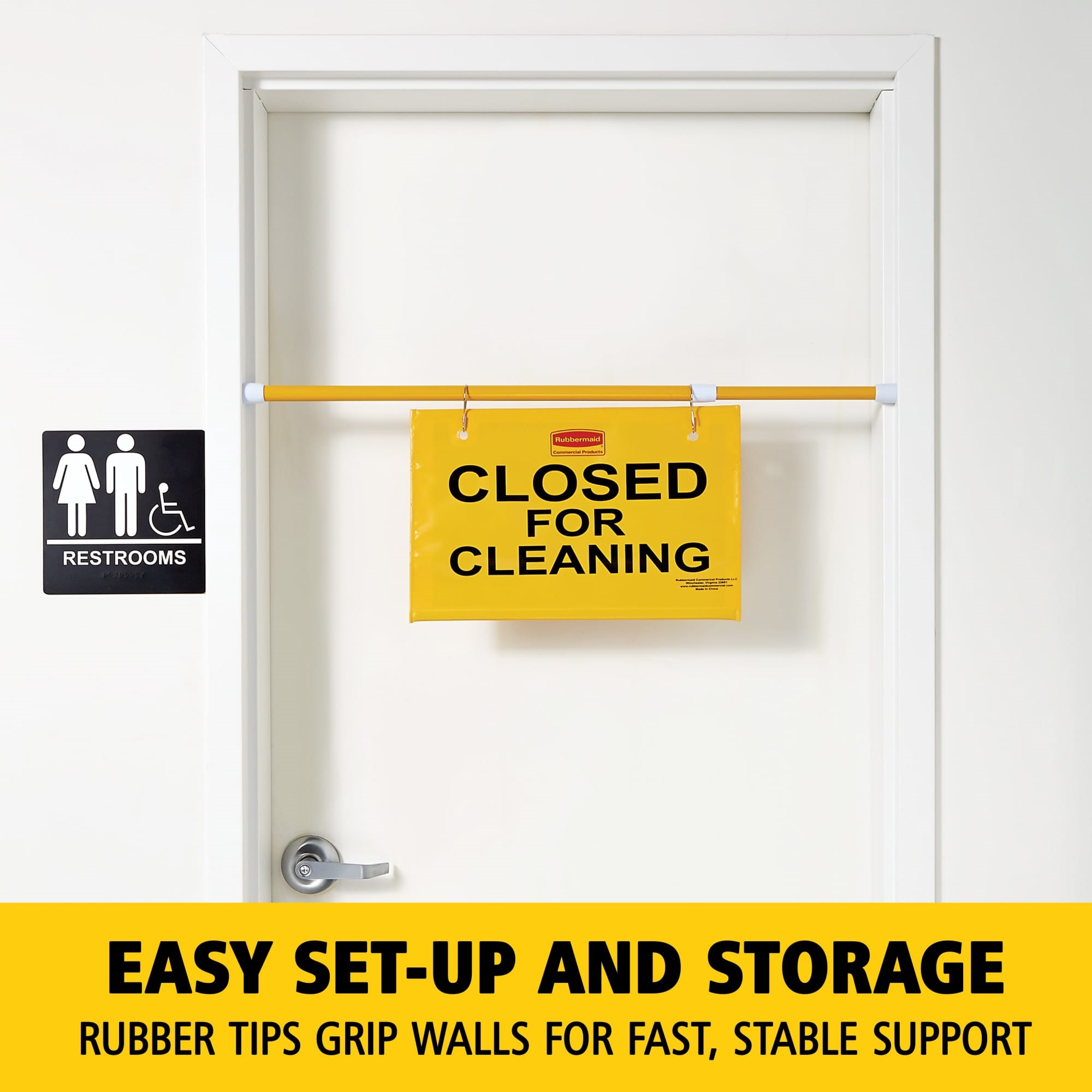 "Closed For Cleaning" hanging sign is on an extendable pole to block doorways and entrances up to 50" wide and utilizes ANSI/OSHA-compliant color