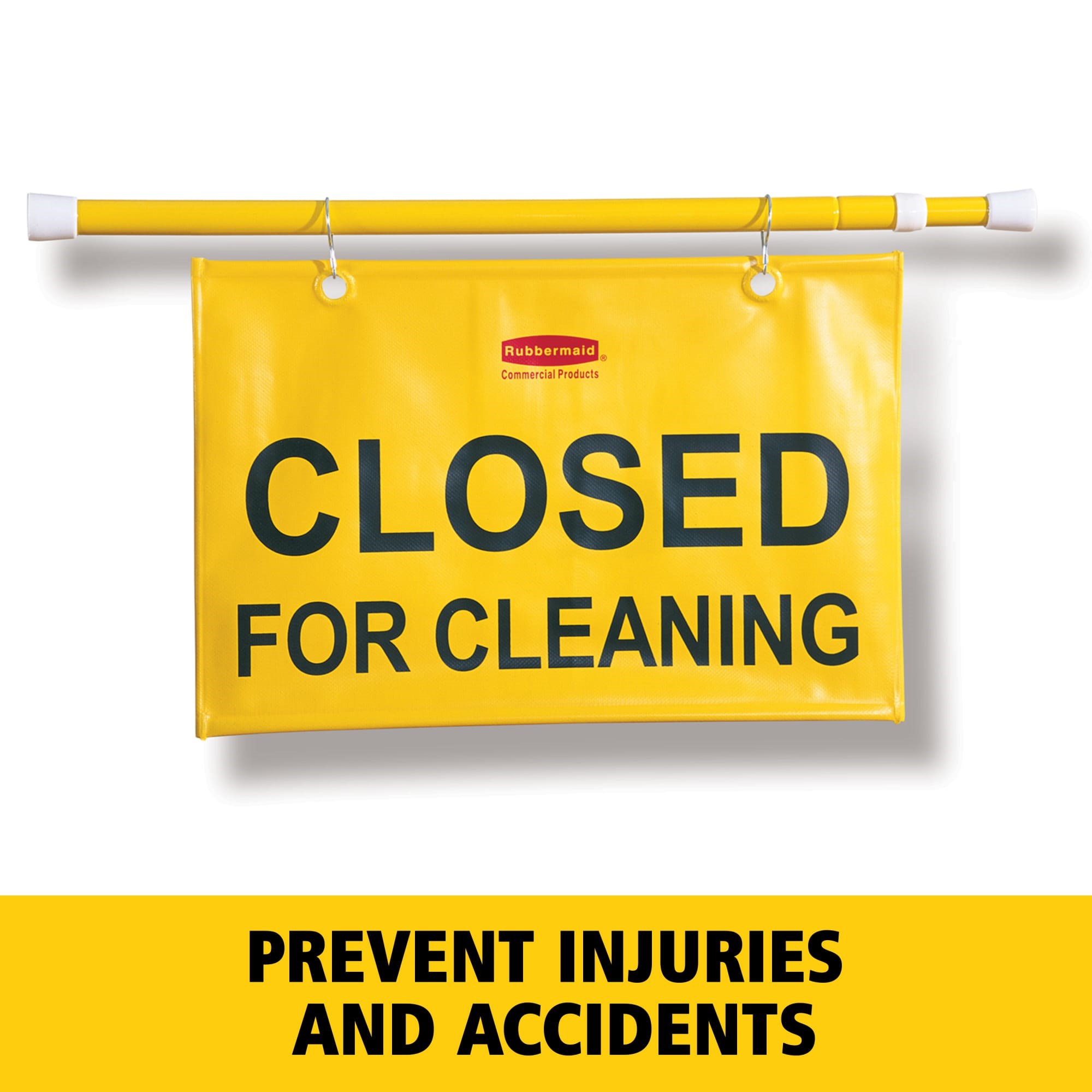 "Closed For Cleaning" hanging sign is on an extendable pole to block doorways and entrances up to 50" wide and utilizes ANSI/OSHA-compliant color