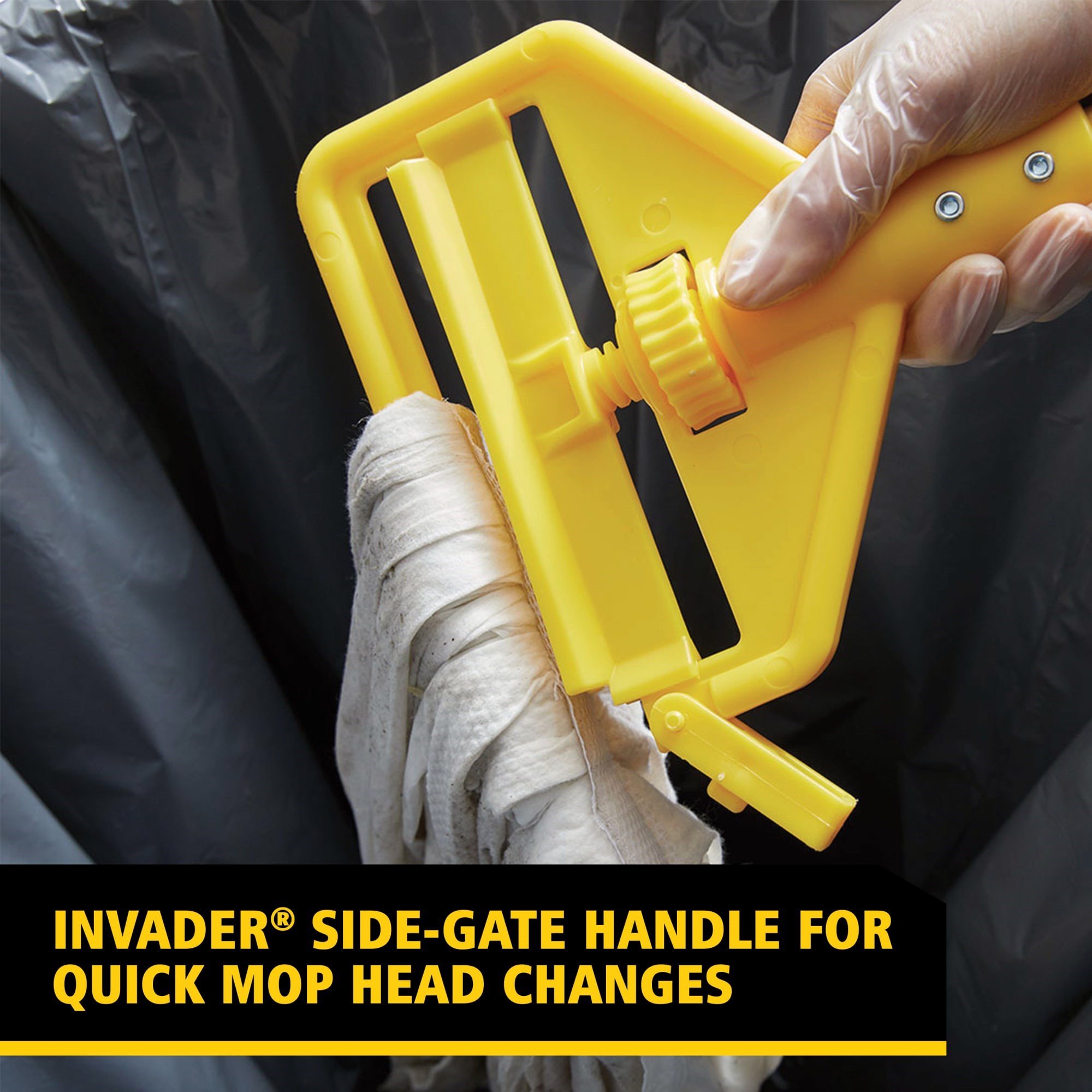 Invader® Side-Gate Mop Handle makes removing and replacing mop heads easy and efficient. Thumbwheel clamps the mop firmly in place; should be used with 1"  headband mops only.