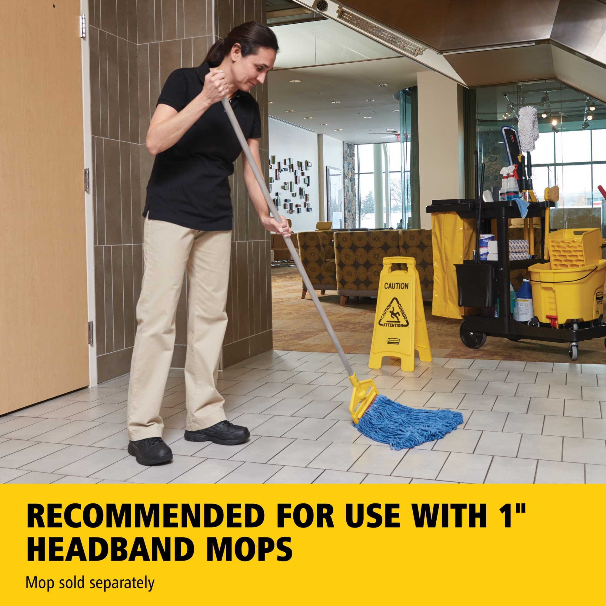 Invader® Side-Gate Mop Handle makes removing and replacing mop heads easy and efficient. Thumbwheel clamps the mop firmly in place; should be used with 1"  headband mops only.