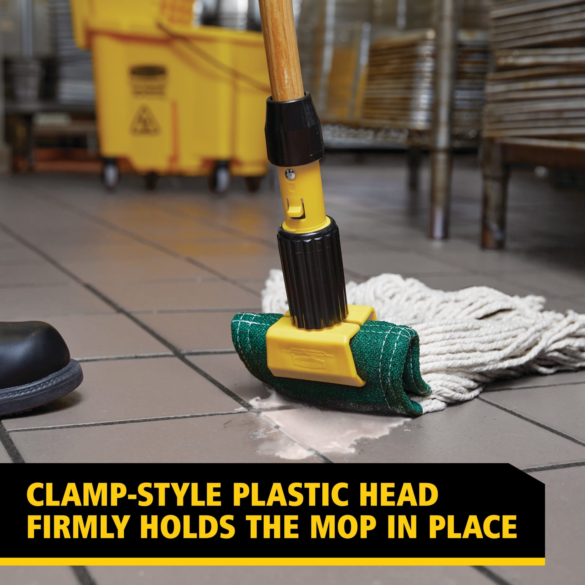 Gripper® Clamp-Style Mop Handle makes removing and replacing mop heads easy and efficient. Holds mop firmly between the jaws of the mop handle; should be used with 5" headband mops only.
