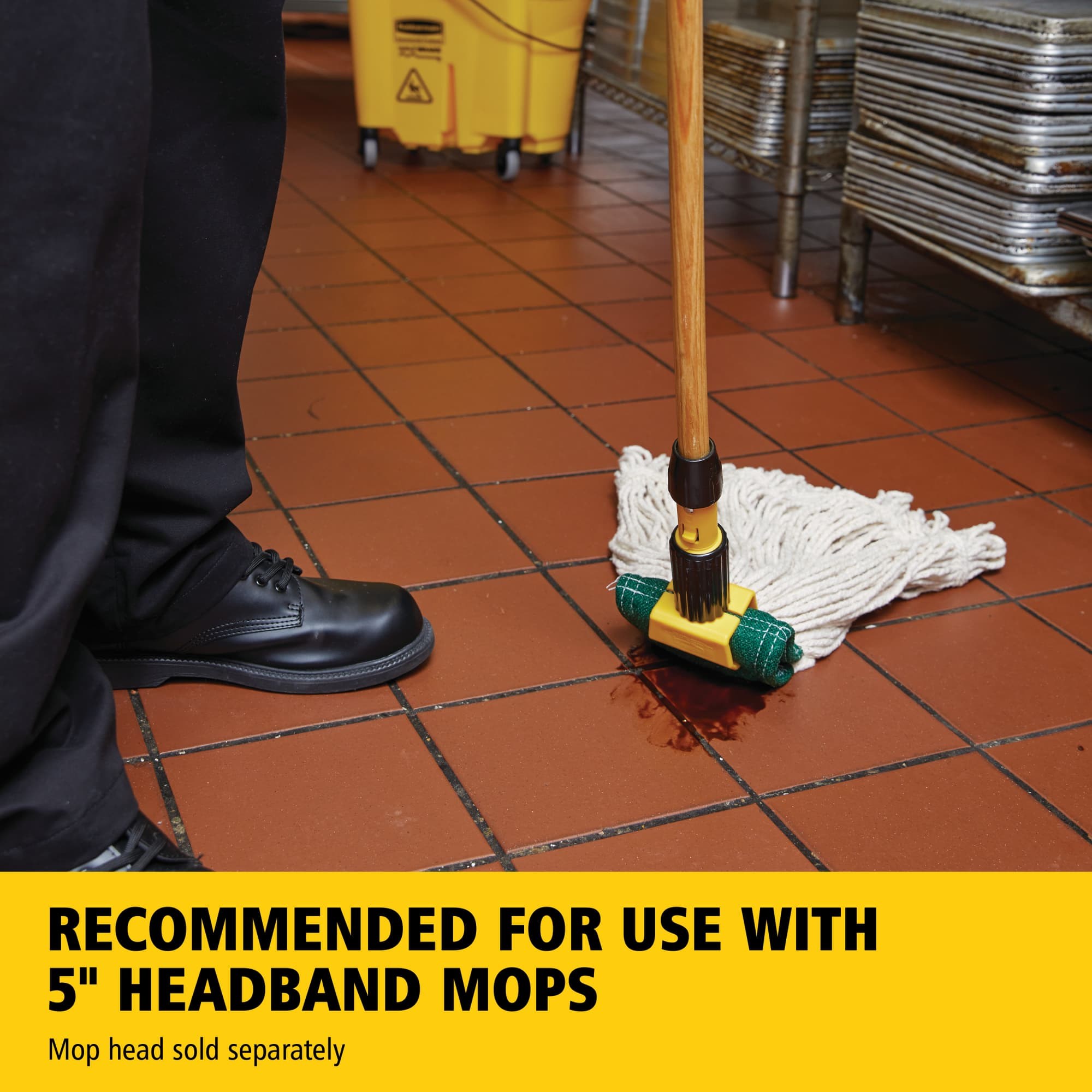 Gripper® Clamp-Style Mop Handle makes removing and replacing mop heads easy and efficient. Holds mop firmly between the jaws of the mop handle; should be used with 5" headband mops only.