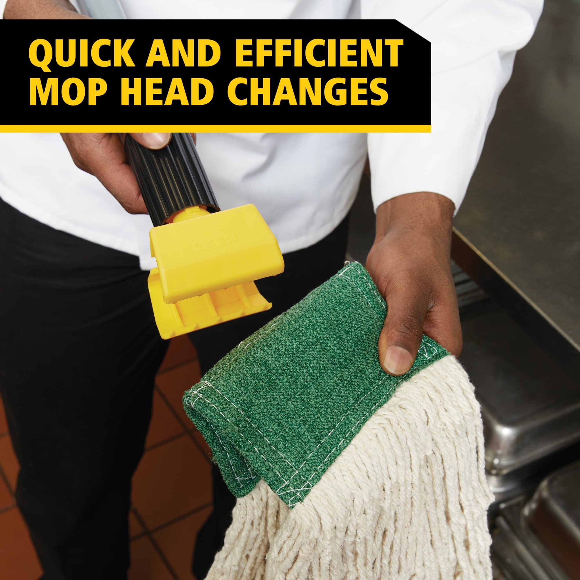 Gripper® Clamp-Style Mop Handle makes removing and replacing mop heads easy and efficient. Holds mop firmly between the jaws of the mop handle; should be used with 5" headband mops only.