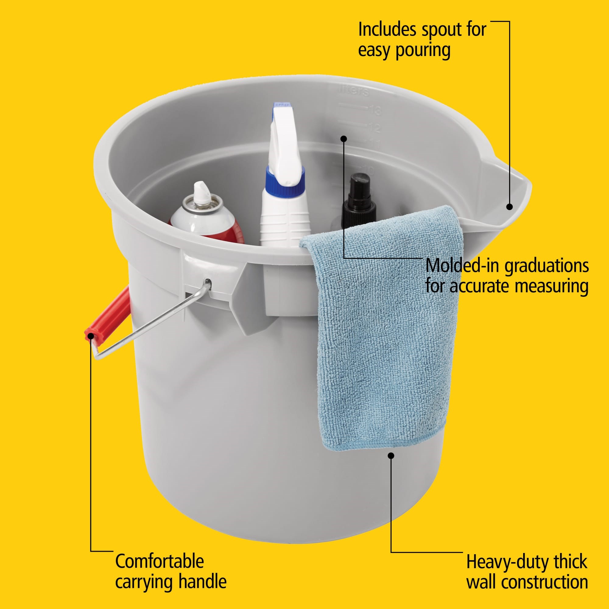 Heavy-duty thick wall construction. BRUTE® Round Buckets have molded-in graduations for accurate measuring.