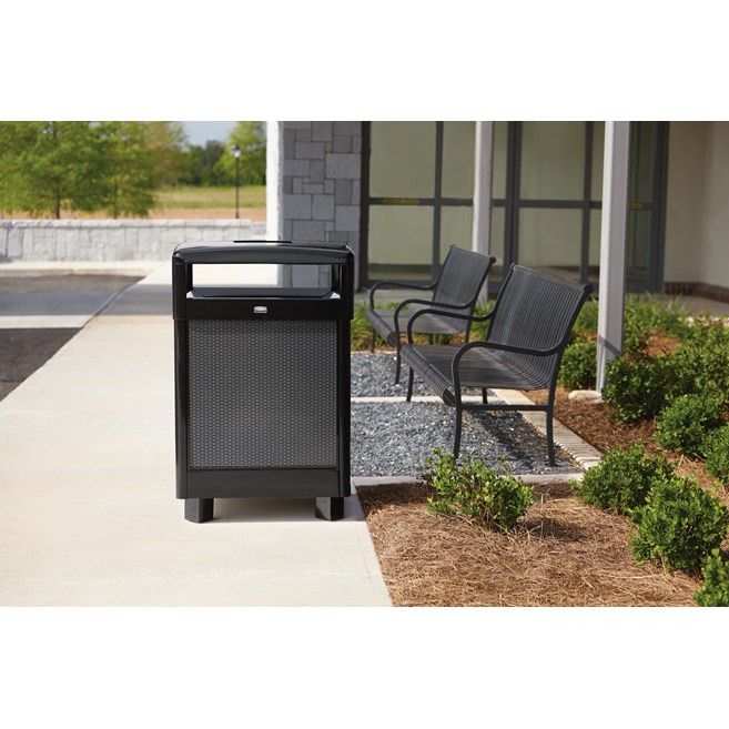 The Dimension Series 48 Gallon FGR48 Decorative Outdoor Waste Container is made from heavy-gauge, fire-safe steel designed to stand up to heavy use and harsh weather conditions while providing years of reliable outdoor service