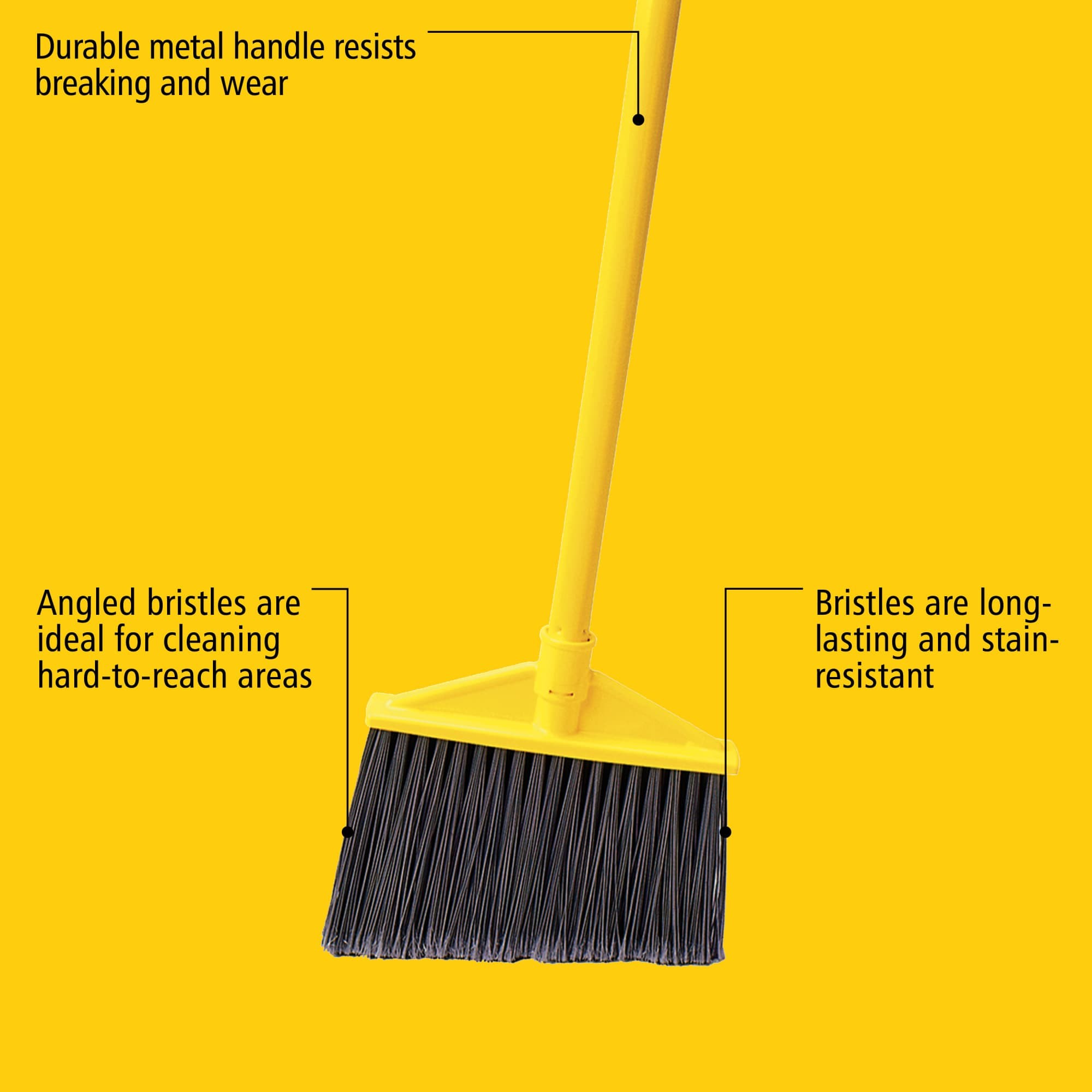 The Rubbermaid Commercial Angled Broom with Polyethylene Bristles has sturdy bristles that are cut and shaped to make sweeping easier. Polypropylene bristles are both stain-resistant and designed for durability.