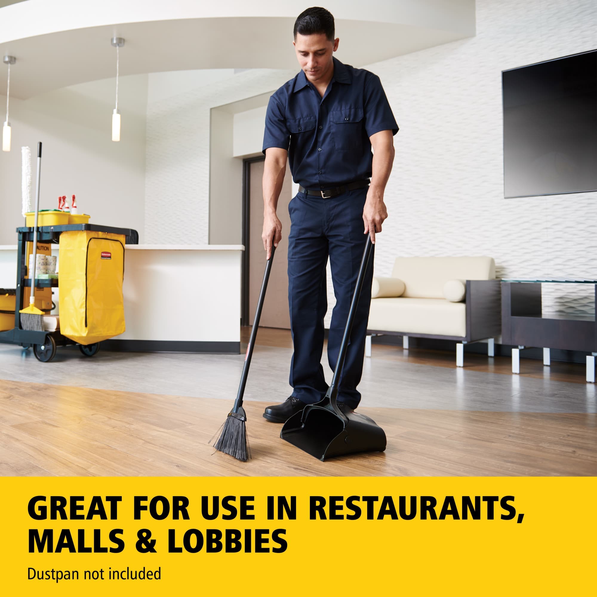 The Rubbermaid Commercial Executive Lobby Broom with Vinyl Handle is great for sweeping and cleaning in restaurants, malls, lobbies, and more.