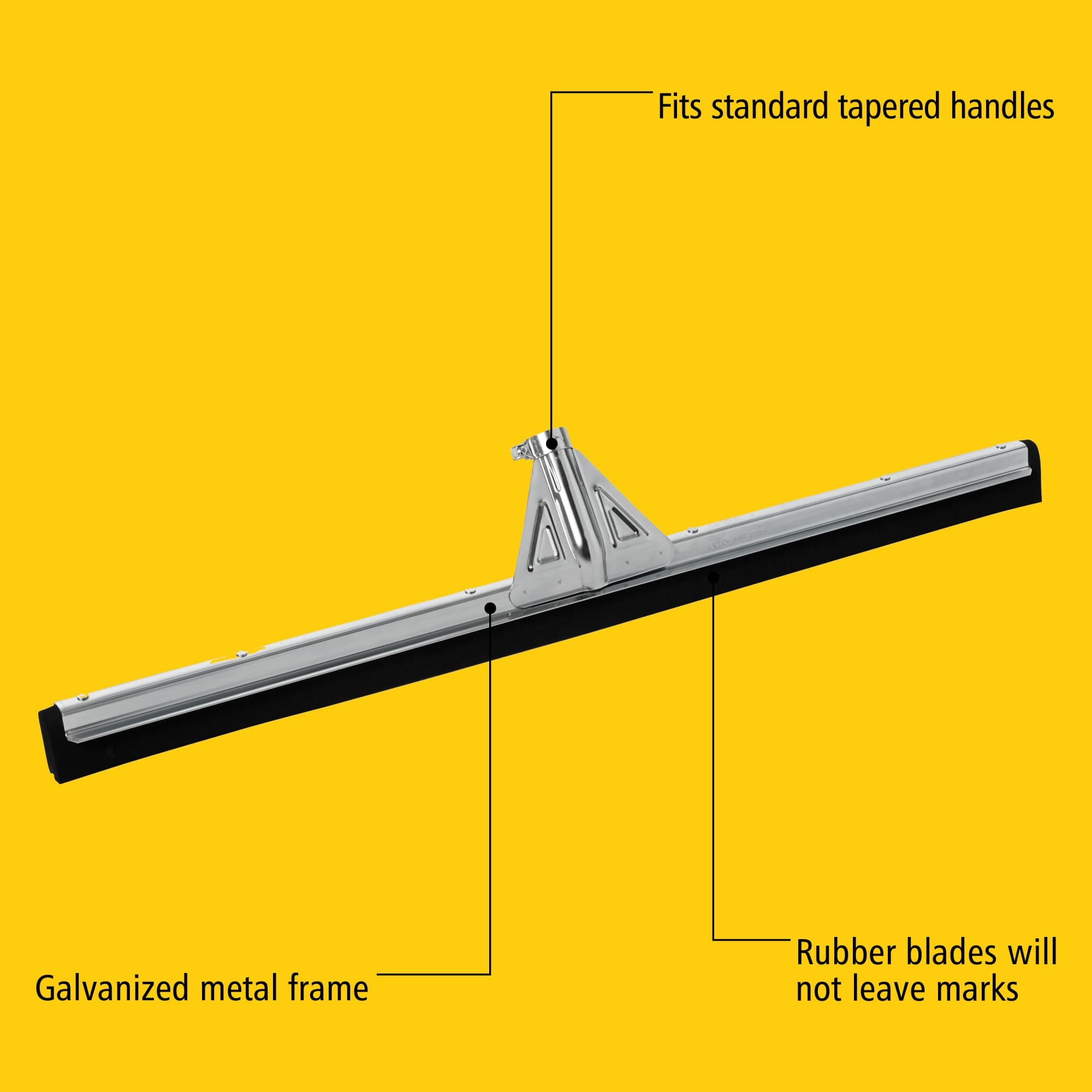 The heavy-duty floor squeegee has a natural moss rubber blade. It accepts a tapered handle. It is used to clean up wet or dry spills in commercial, medical, and industrial environments.