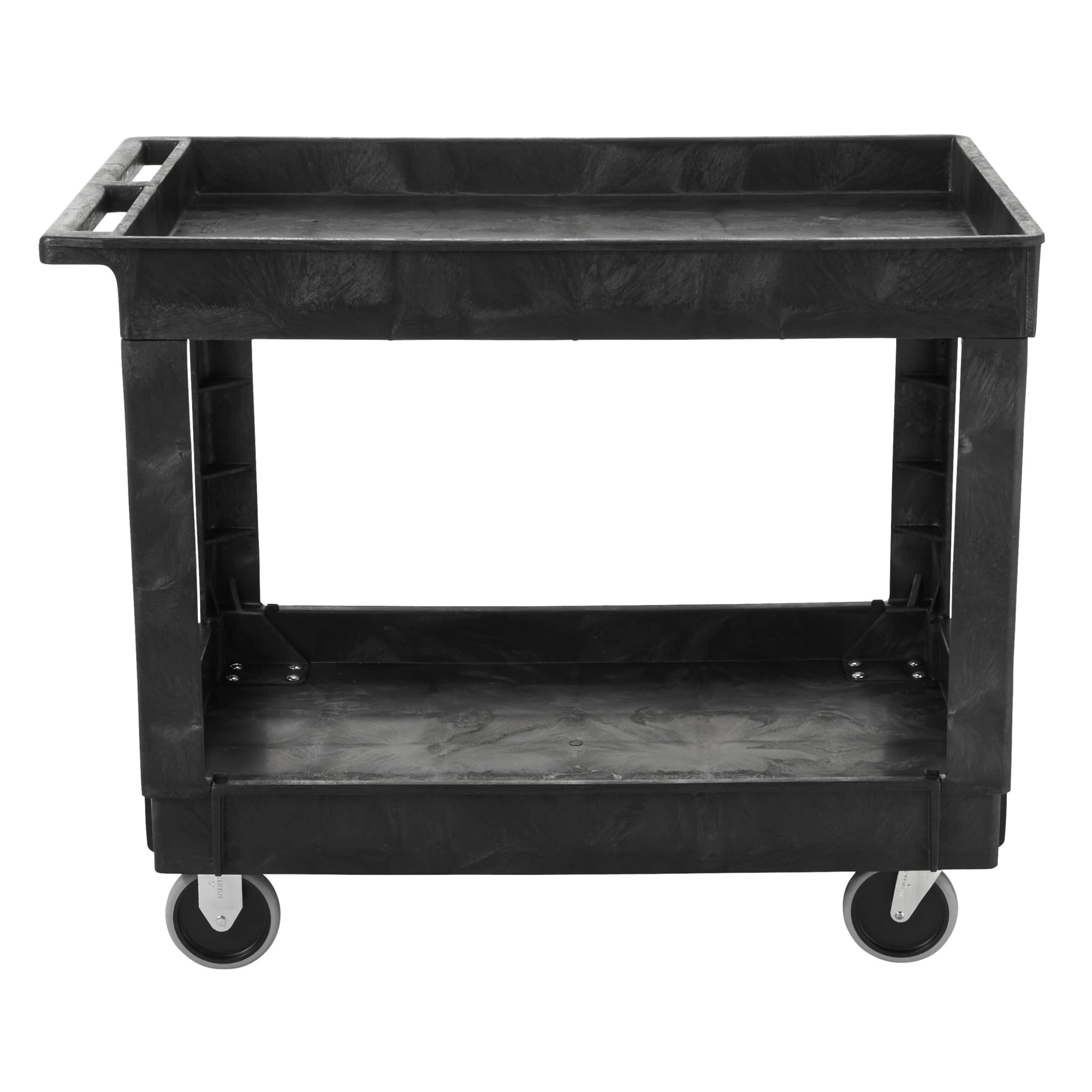 Heavy-Duty Utility Cart with Lipped Shelf transports materials, supplies, and heavy loads securely with up to 500 lbs. load capacity. The lipped shelves prevents items from falling off the cart.