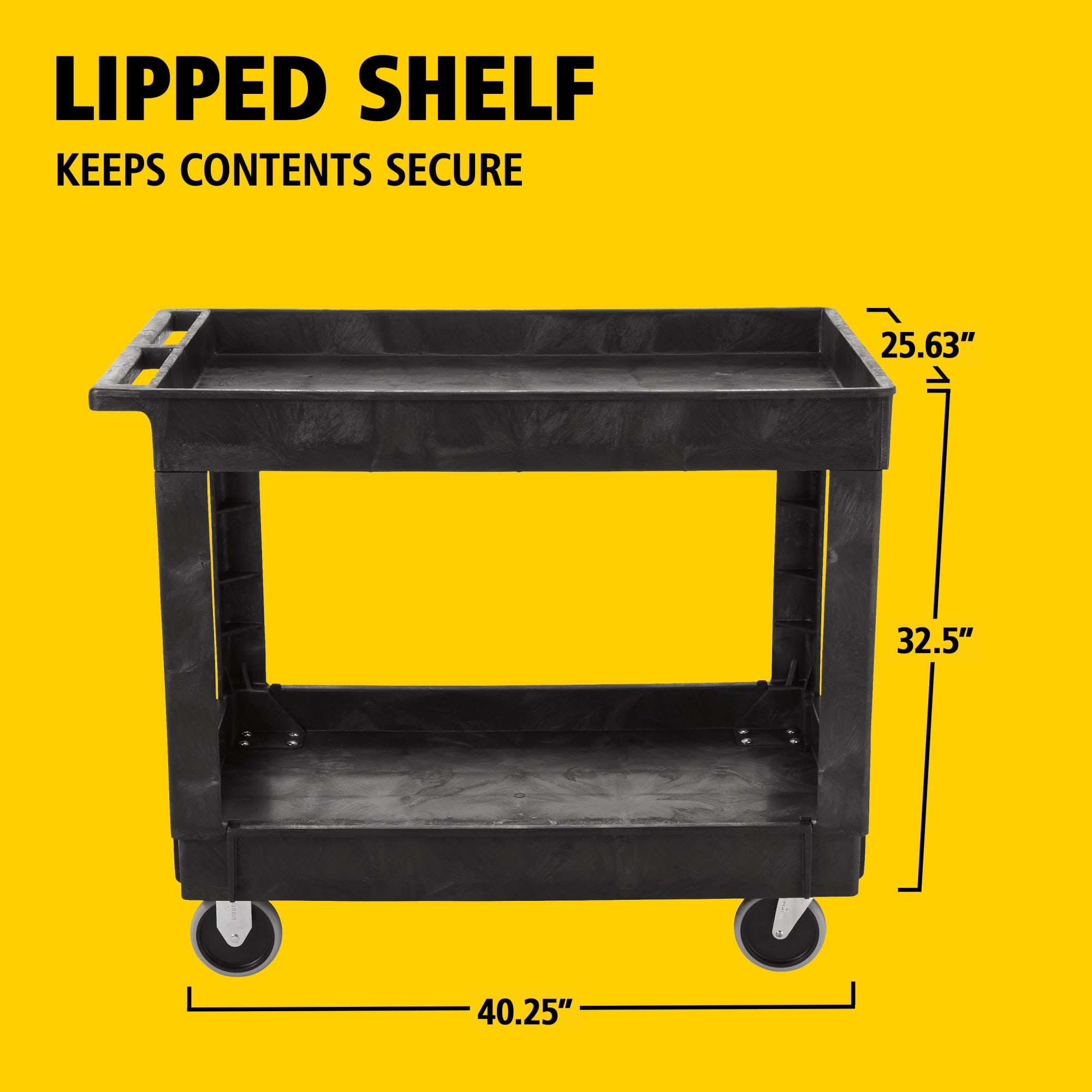 Heavy-Duty Utility Cart with Lipped Shelf transports materials, supplies, and heavy loads securely with up to 500 lbs. load capacity. The lipped shelves prevents items from falling off the cart.