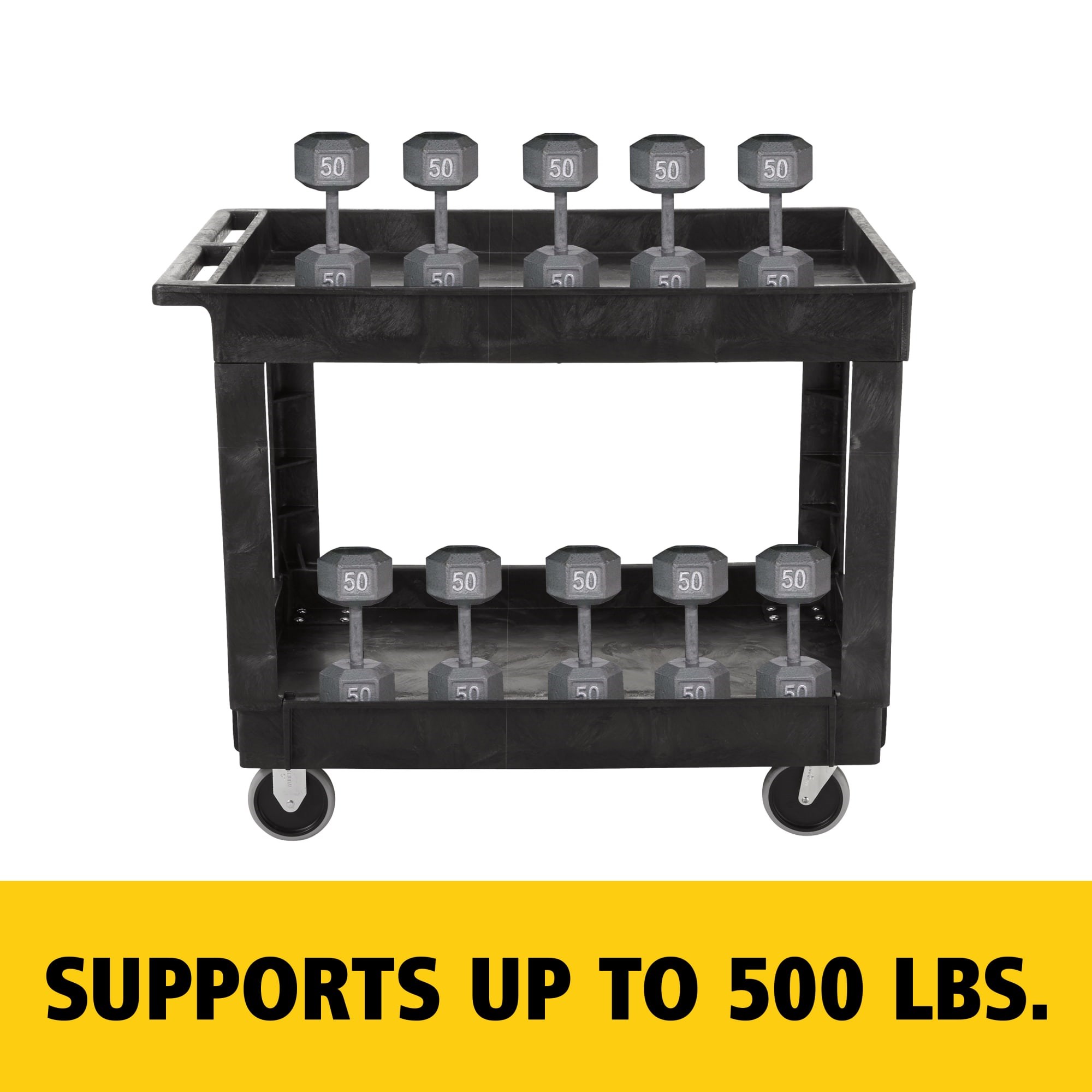 Heavy-Duty Utility Cart with Lipped Shelf transports materials, supplies, and heavy loads securely with up to 500 lbs. load capacity. The lipped shelves prevents items from falling off the cart.