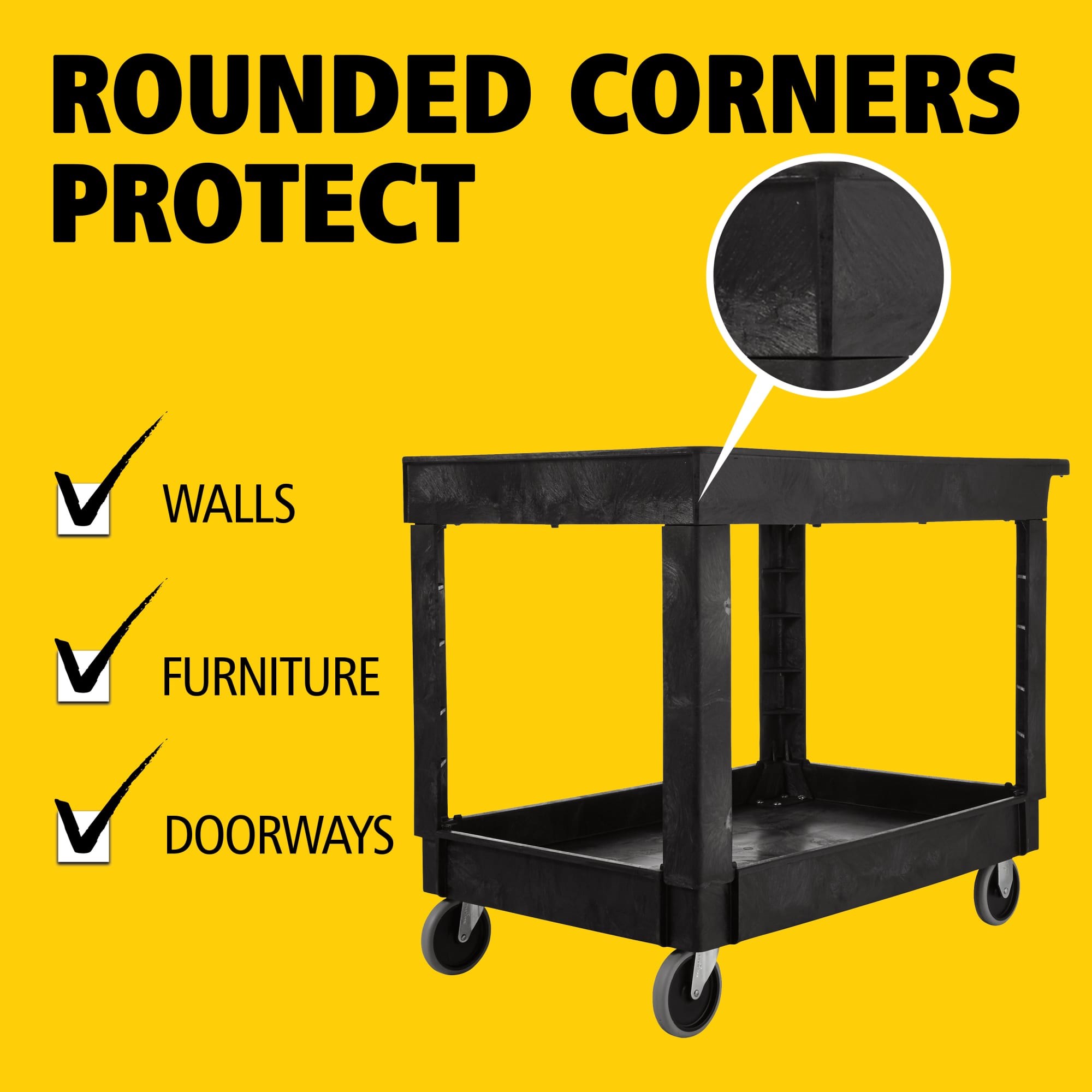 Heavy-Duty Utility Cart with Lipped Shelf transports materials, supplies, and heavy loads securely with up to 500 lbs. load capacity. The lipped shelves prevents items from falling off the cart.