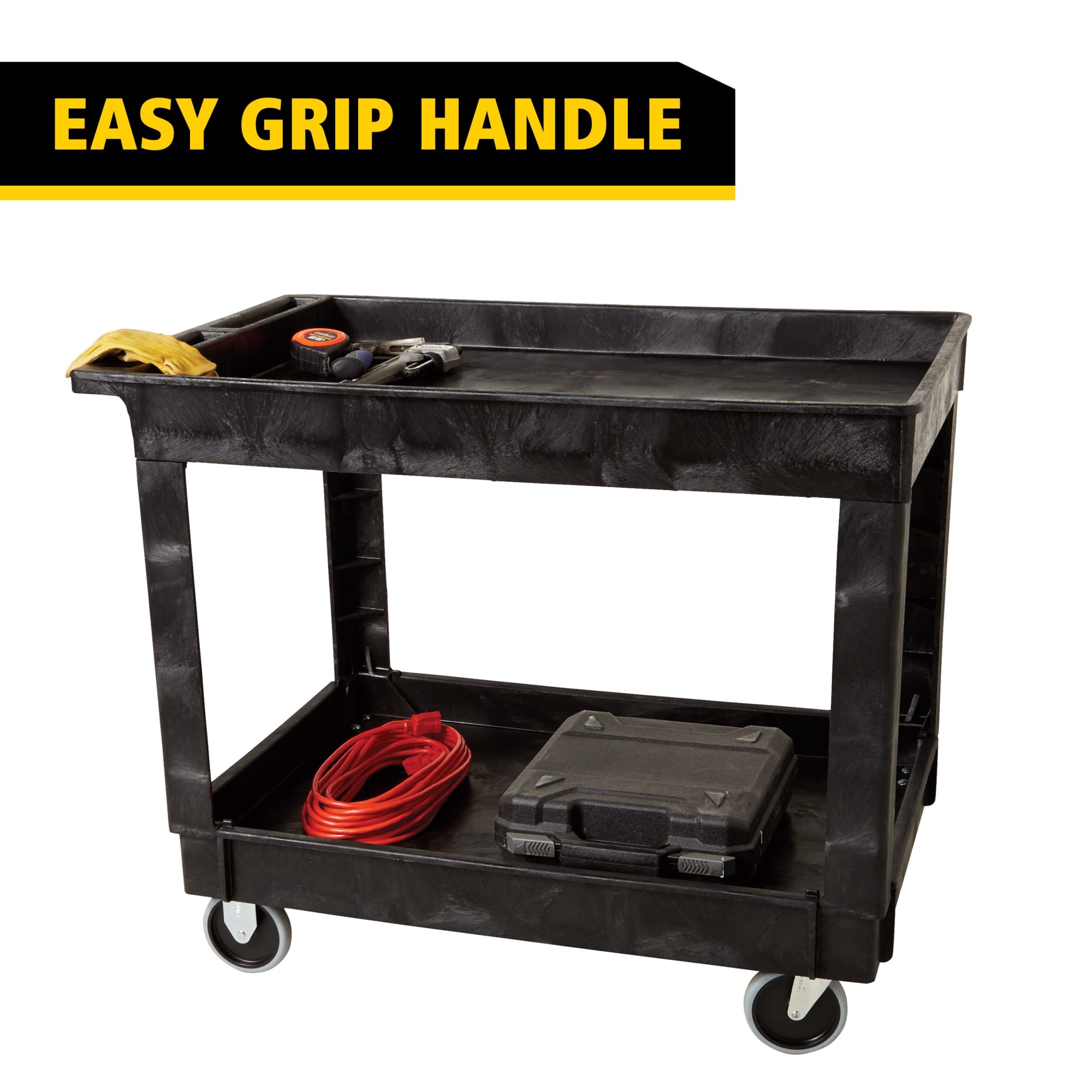 Heavy-Duty Utility Cart with Lipped Shelf transports materials, supplies, and heavy loads securely with up to 500 lbs. load capacity. The lipped shelves prevents items from falling off the cart.