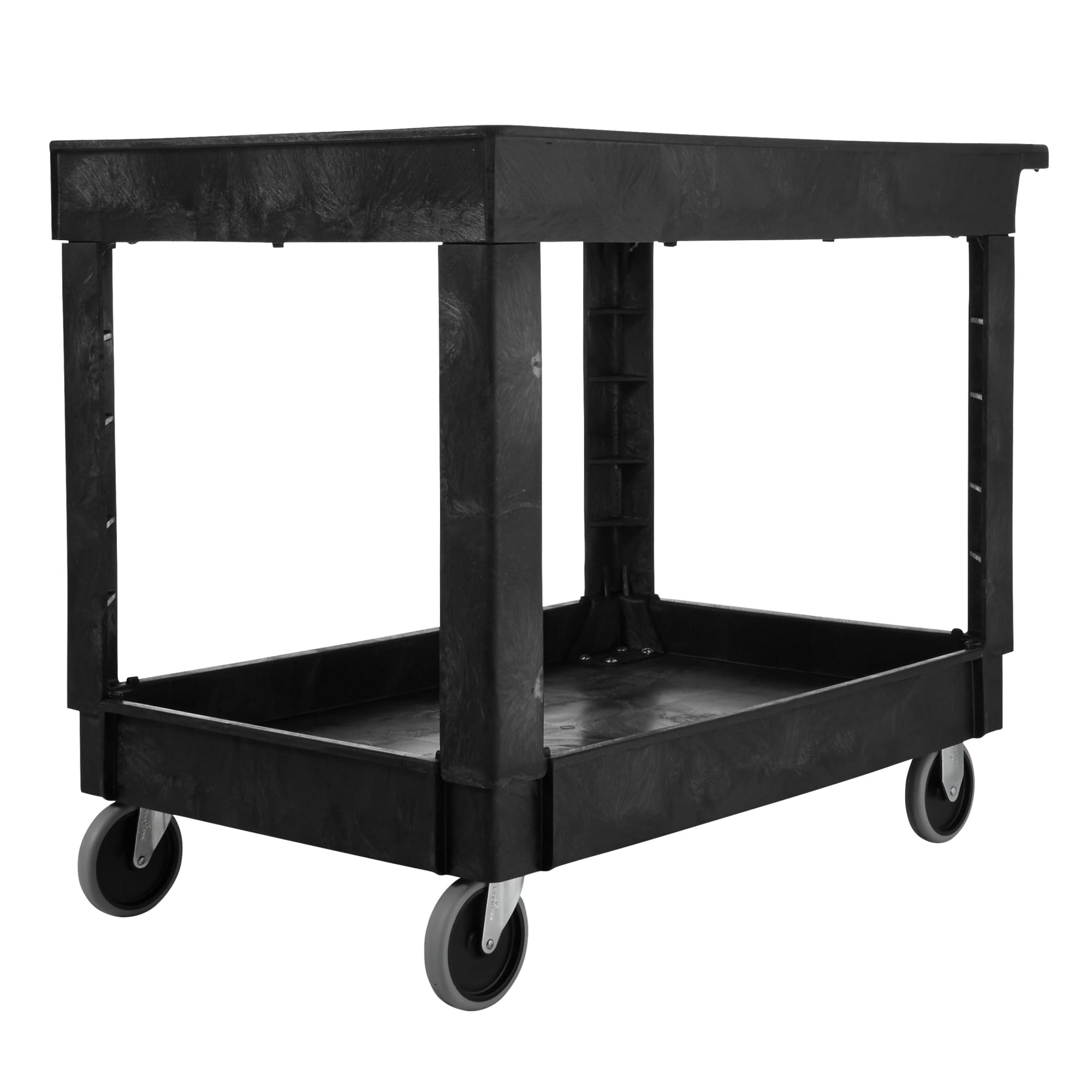 Heavy-Duty Utility Cart with Lipped Shelf transports materials, supplies, and heavy loads securely with up to 500 lbs. load capacity. The lipped shelves prevents items from falling off the cart.