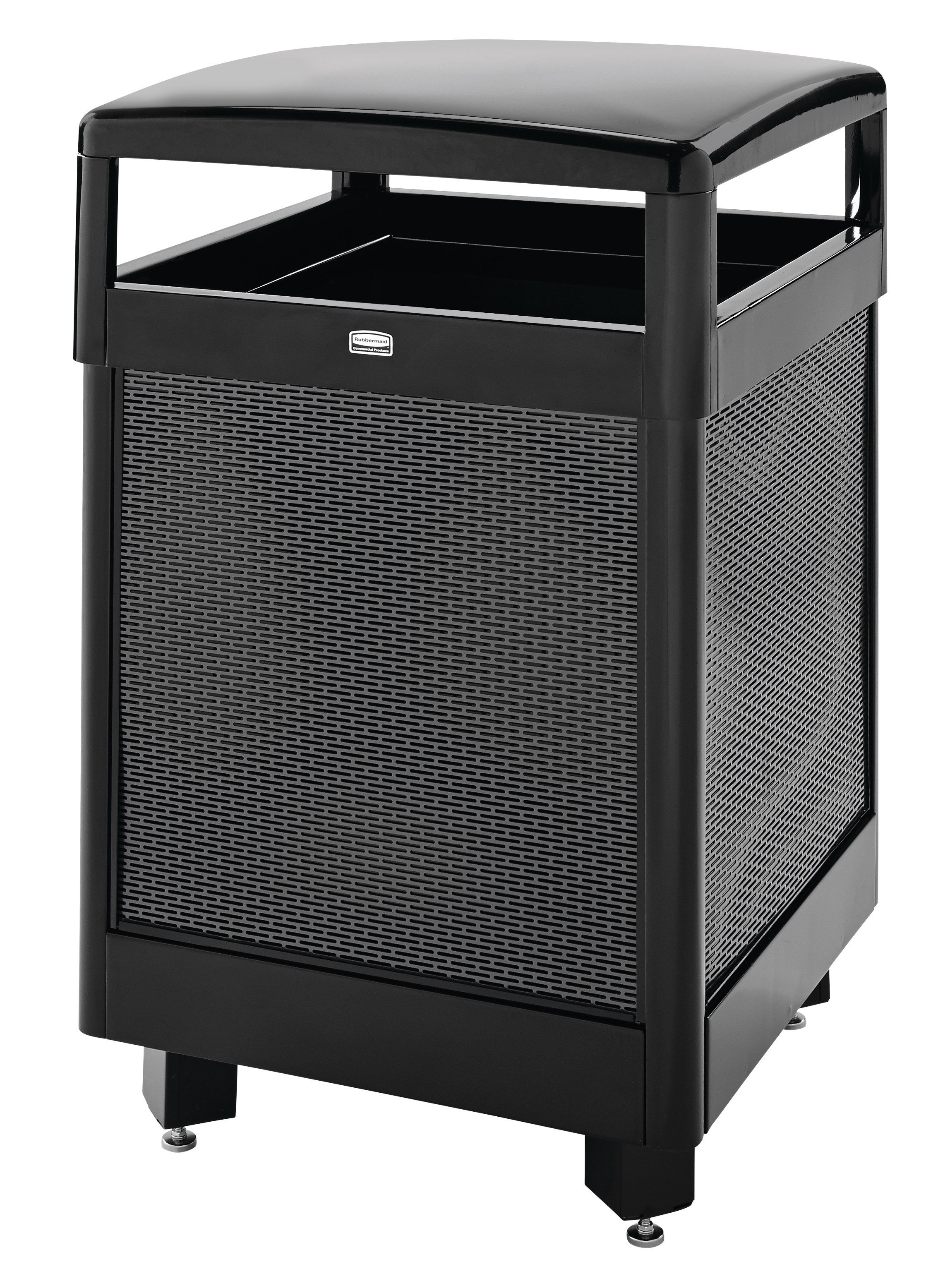 The Dimension Series decorative outdoor waste container's perforated steel panels create an upscale, dimensional look that complements contemporary outdoor enviornments.