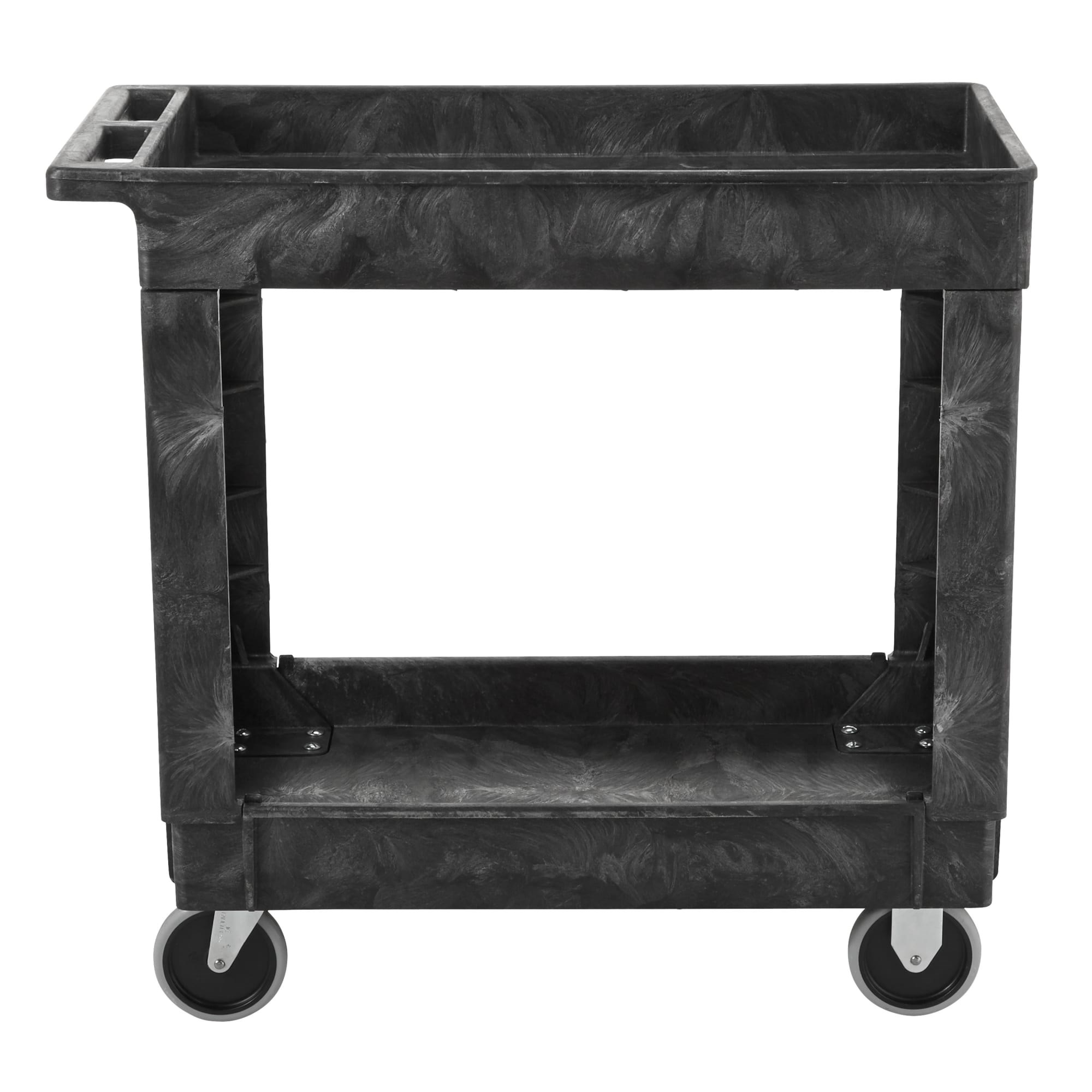 Heavy-Duty Utility Cart with Lipped Shelf transports materials, supplies, and heavy loads securely with up to 500 lbs. load capacity. The lipped shelves prevents items from falling off the cart.