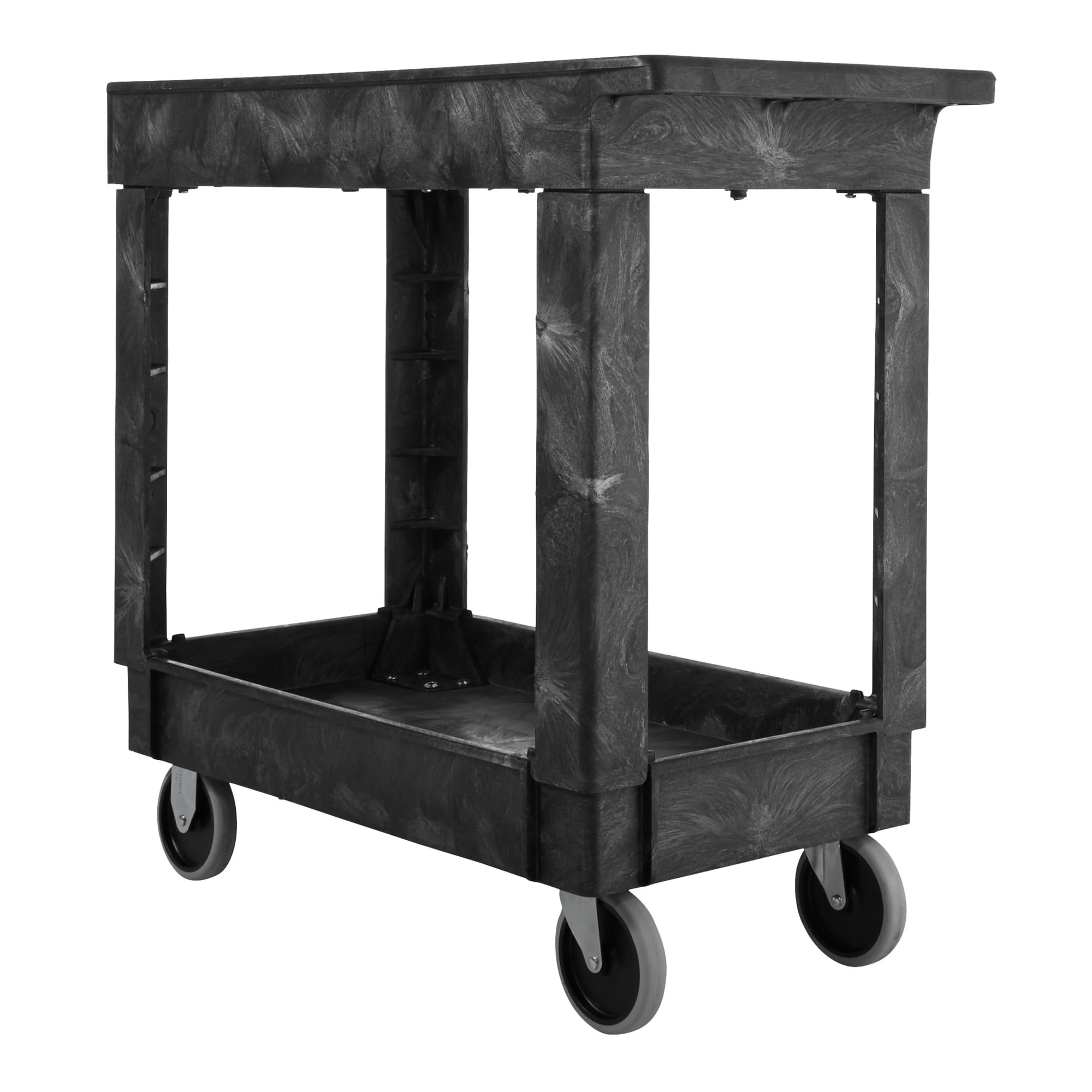 Heavy-Duty Utility Cart with Lipped Shelf transports materials, supplies, and heavy loads securely with up to 500 lbs. load capacity. The lipped shelves prevents items from falling off the cart.