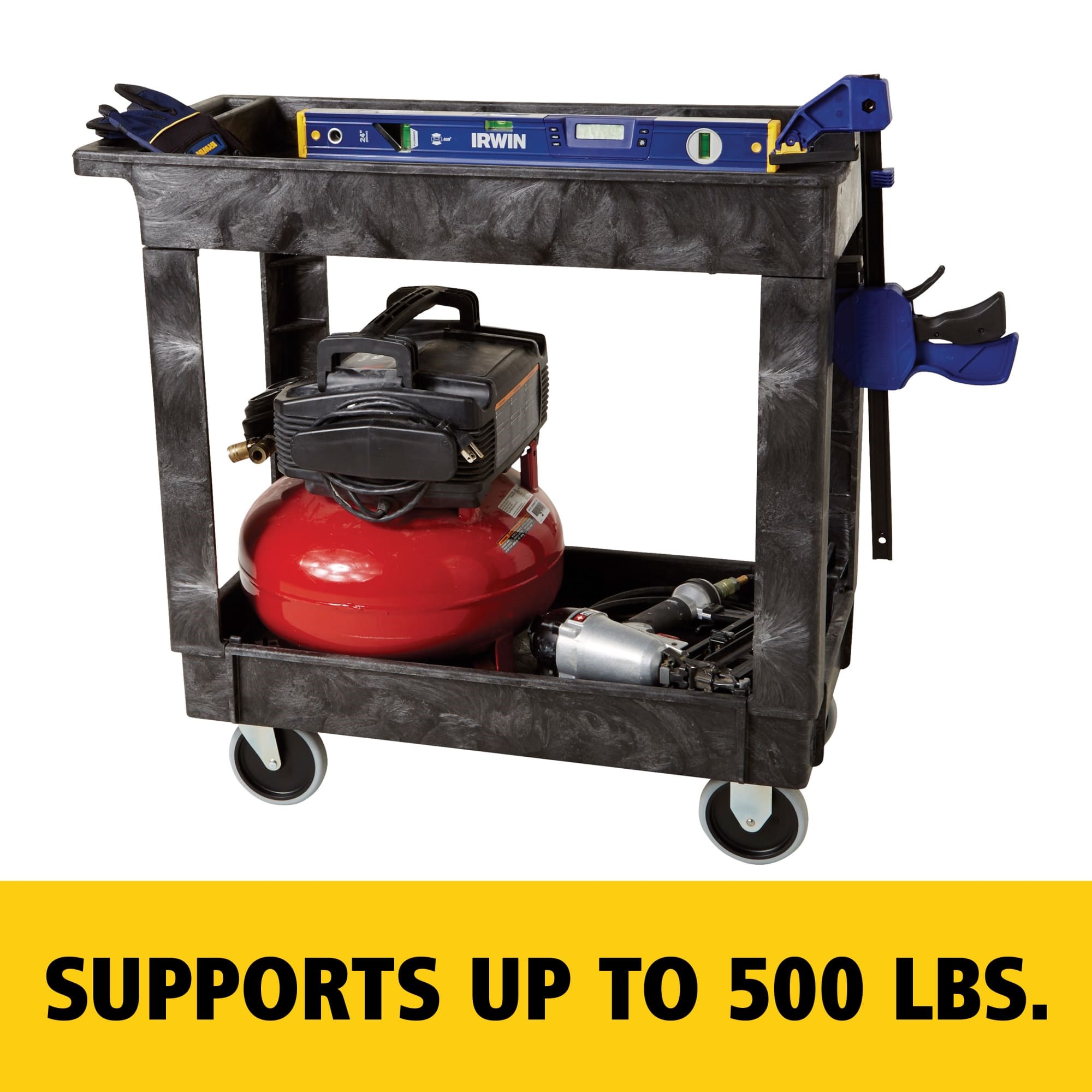 Heavy-Duty Utility Cart with Lipped Shelf transports materials, supplies, and heavy loads securely with up to 500 lbs. load capacity. The lipped shelves prevents items from falling off the cart.