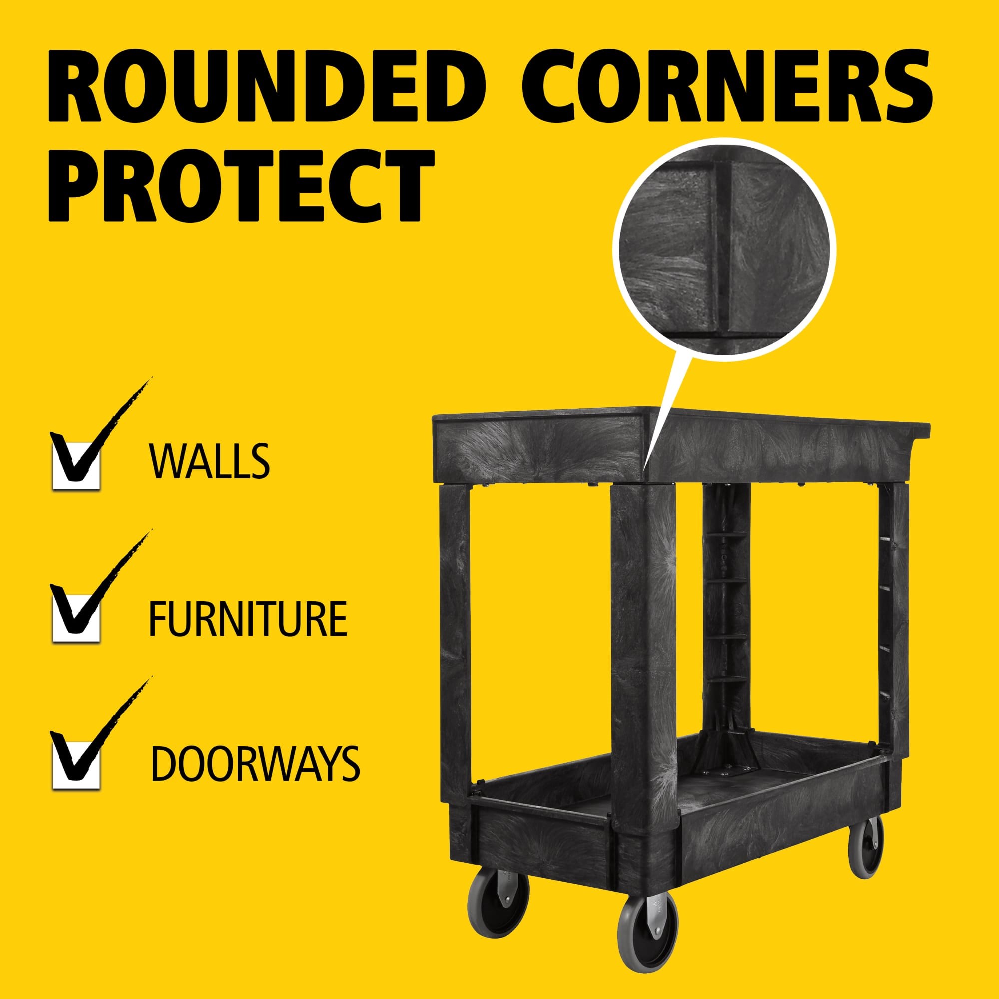 Heavy-Duty Utility Cart with Lipped Shelf transports materials, supplies, and heavy loads securely with up to 500 lbs. load capacity. The lipped shelves prevents items from falling off the cart.
