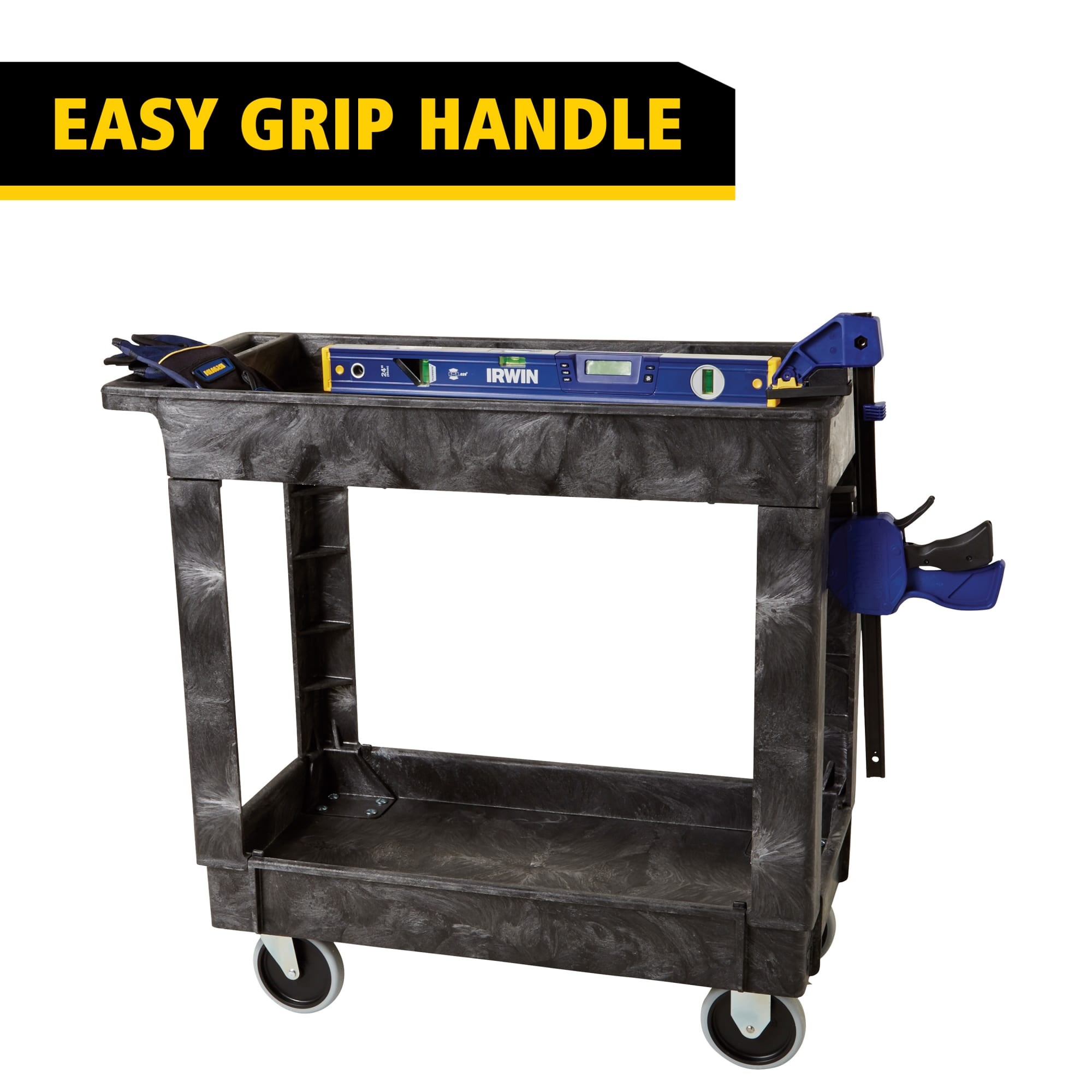 Heavy-Duty Utility Cart with Lipped Shelf transports materials, supplies, and heavy loads securely with up to 500 lbs. load capacity. The lipped shelves prevents items from falling off the cart.
