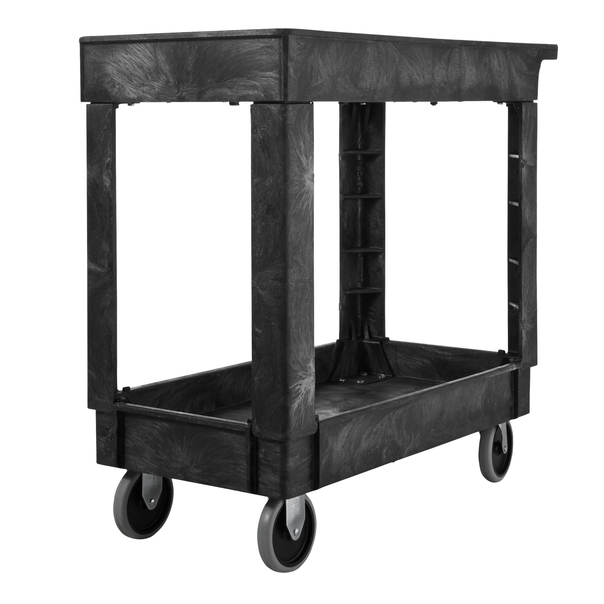 Heavy-Duty Utility Cart with Lipped Shelf transports materials, supplies, and heavy loads securely with up to 500 lbs. load capacity. The lipped shelves prevents items from falling off the cart.