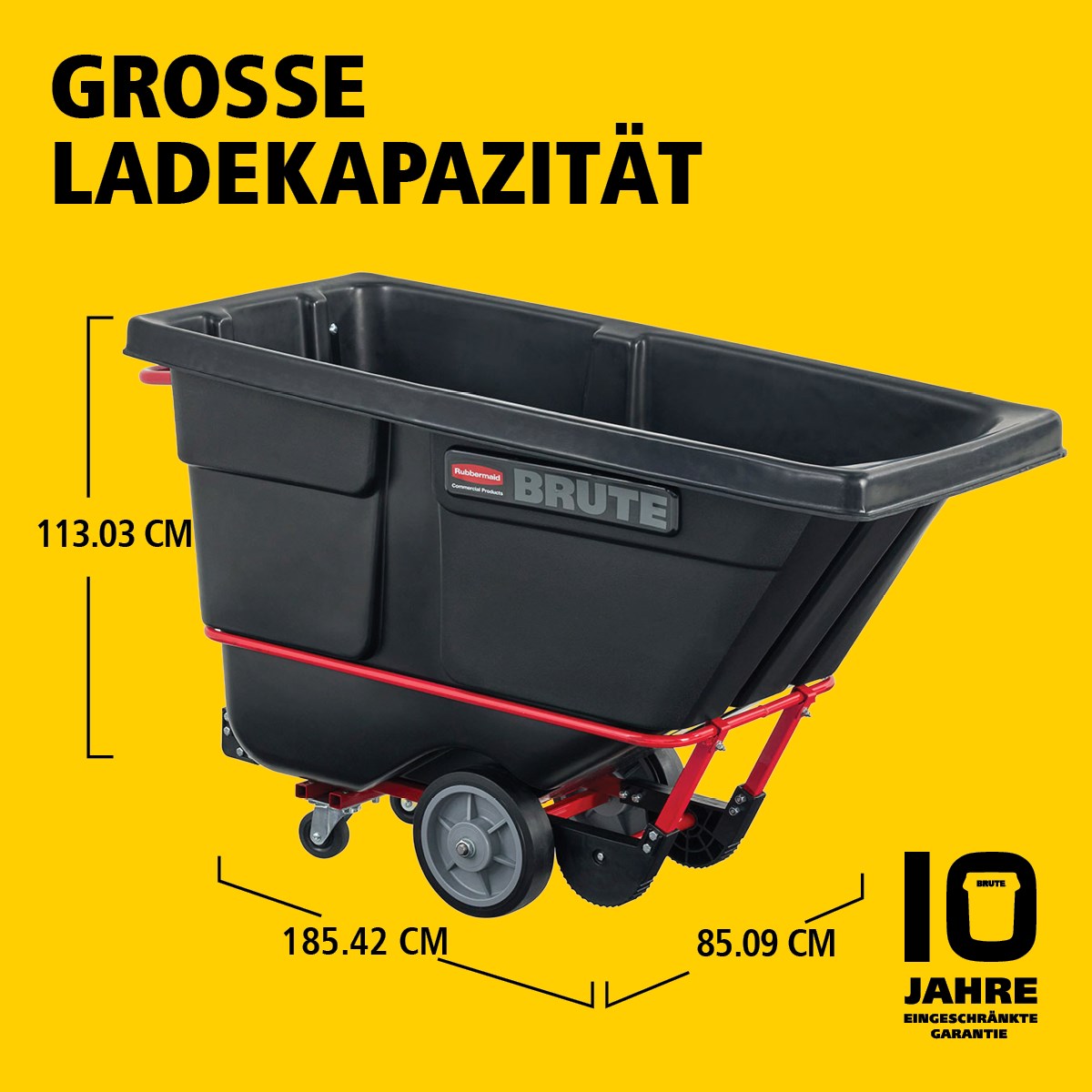 Der BRUTE Kippwagen verfügt über eine robuste Industriekonstruktion und transportiert schwere Lasten bis zu 385 kg – 952 kg (modellabhängig). Der DuraTilt™-Rahmen ermöglicht kontrolliertes Entleeren durch eine Person, während verstärkte Ecken Kratzer und Farbübertragungen auf den Boden reduzieren.