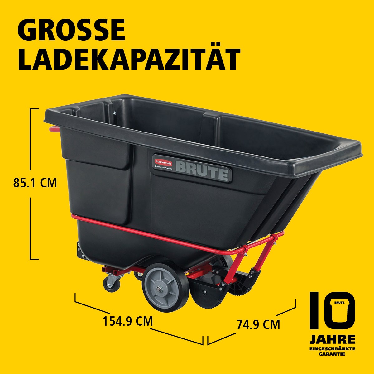 Der BRUTE Kippwagen verfügt über eine robuste Industriekonstruktion und transportiert schwere Lasten bis zu 385 kg – 952 kg (modellabhängig). Der DuraTilt™-Rahmen ermöglicht kontrolliertes Entleeren durch eine Person, während verstärkte Ecken Kratzer und Farbübertragungen auf den Boden reduzieren.