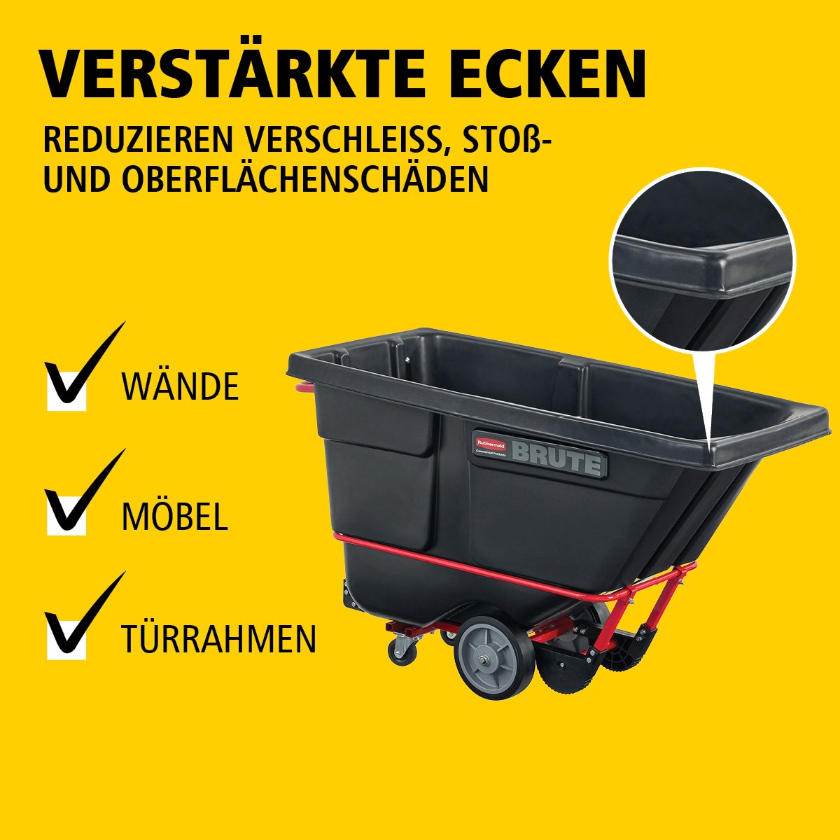 Der BRUTE Kippwagen verfügt über eine robuste Industriekonstruktion und transportiert schwere Lasten bis zu 385 kg – 952 kg (modellabhängig). Der DuraTilt™-Rahmen ermöglicht kontrolliertes Entleeren durch eine Person, während verstärkte Ecken Kratzer und Farbübertragungen auf den Boden reduzieren.