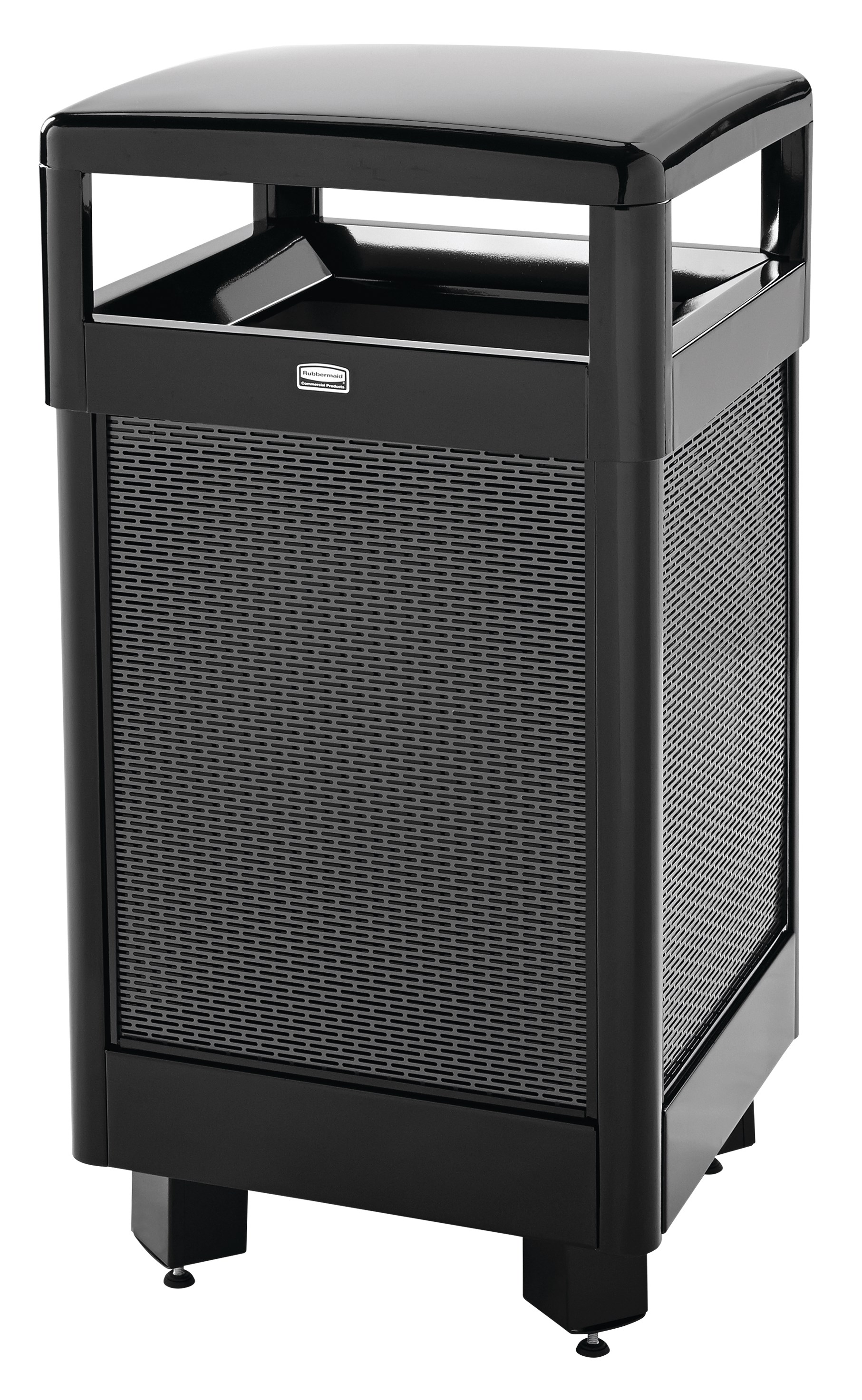The Dimension Series decorative outdoor waste container's perforated steel panels create an upscale, dimensional look that complements contemporary outdoor enviornments.
