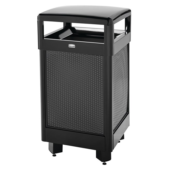 The Dimension Series decorative outdoor waste container's perforated steel panels create an upscale, dimensional look that complements contemporary outdoor enviornments.