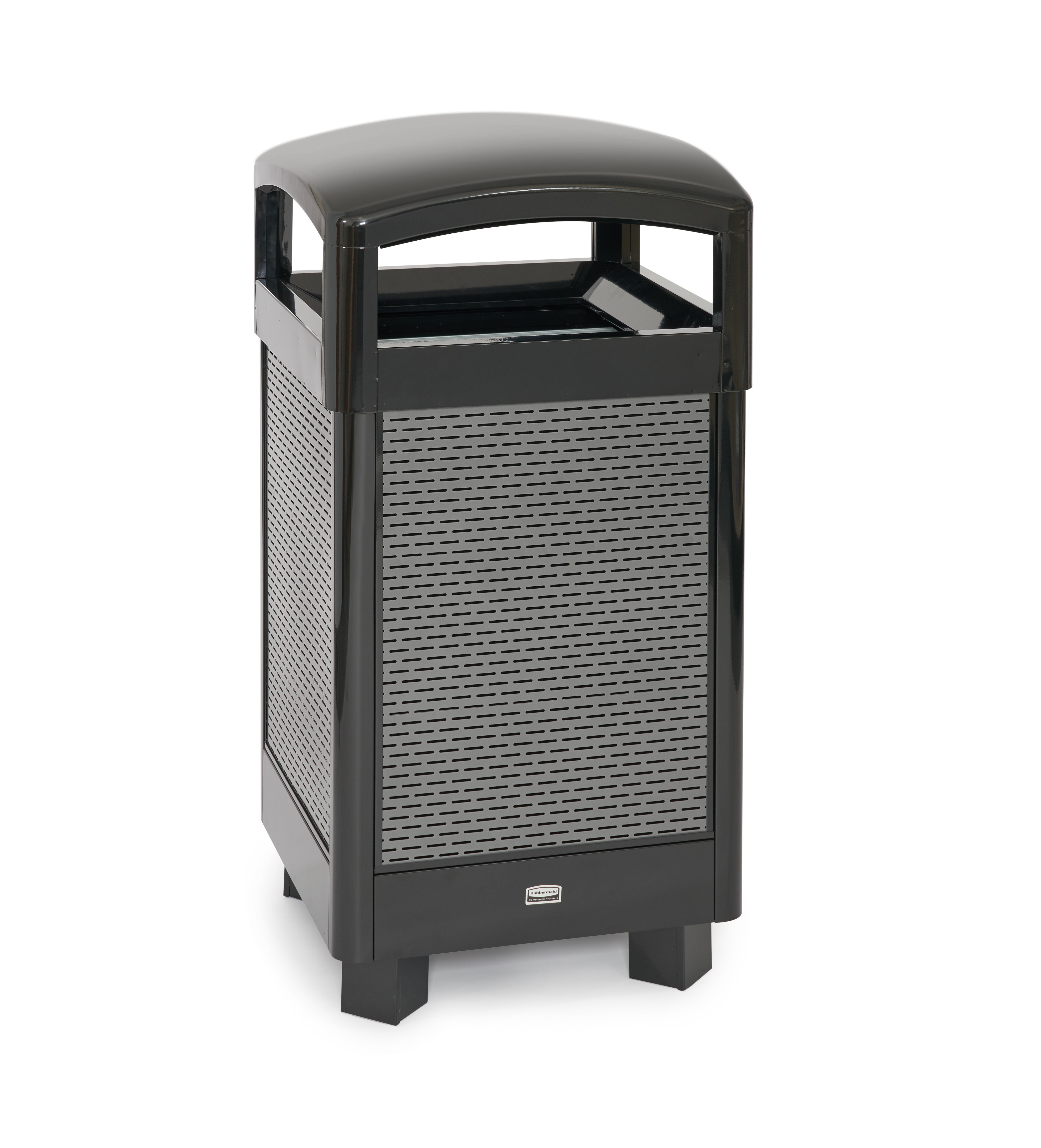 The Dimension Series decorative outdoor waste container's perforated steel panels create an upscale, dimensional look that complements contemporary outdoor enviornments.