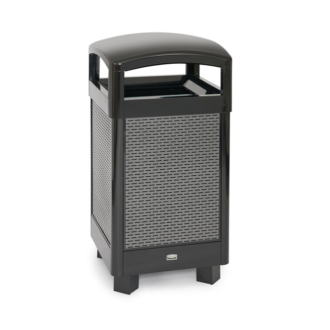 The Dimension Series decorative outdoor waste container's perforated steel panels create an upscale, dimensional look that complements contemporary outdoor enviornments.