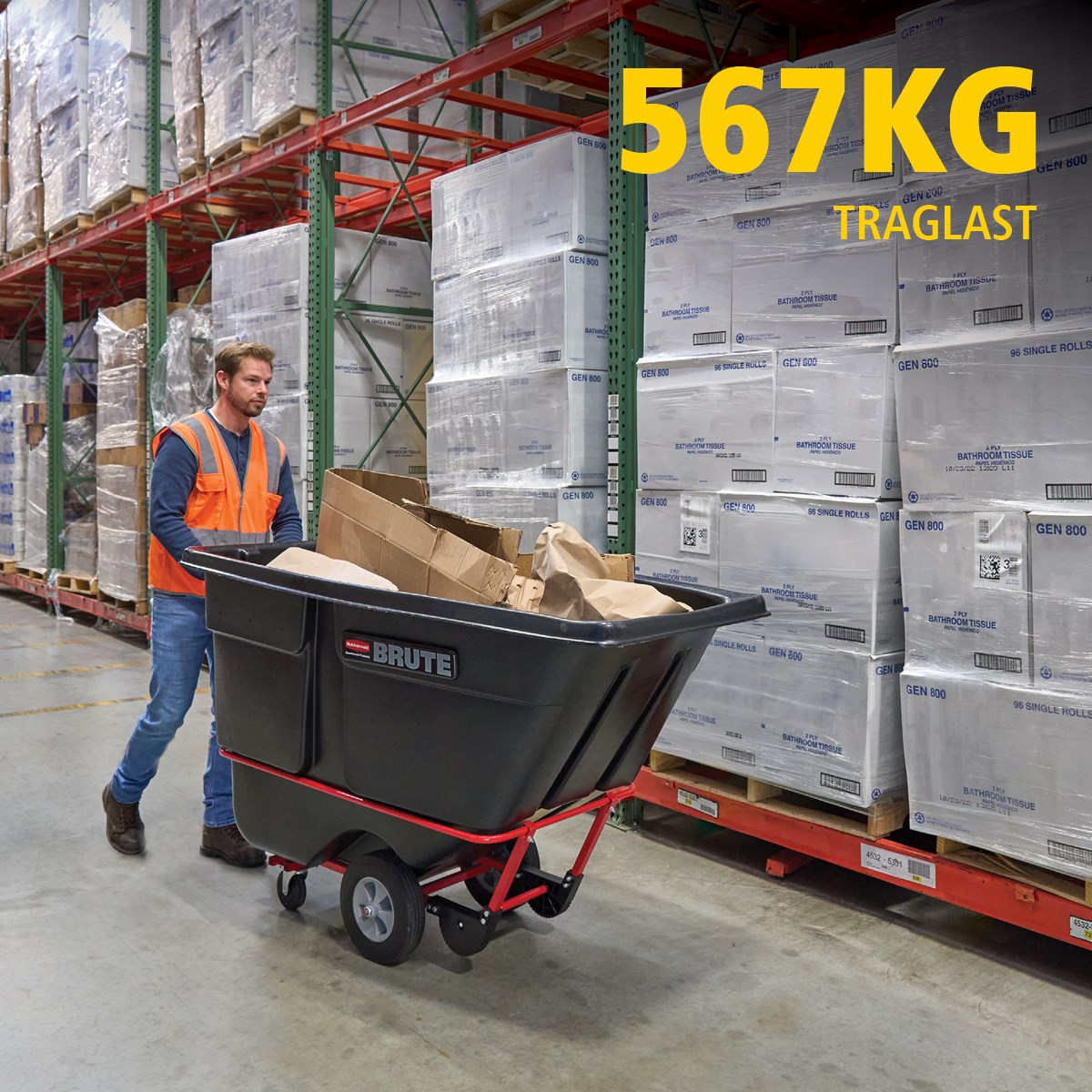 Der BRUTE Kippwagen verfügt über eine robuste Industriekonstruktion und transportiert schwere Lasten bis zu 385 kg – 952 kg (modellabhängig). Der DuraTilt™-Rahmen ermöglicht kontrolliertes Entleeren durch eine Person, während verstärkte Ecken Kratzer und Farbübertragungen auf den Boden reduzieren.