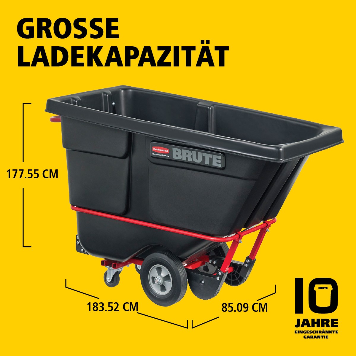Der BRUTE Kippwagen verfügt über eine robuste Industriekonstruktion und transportiert schwere Lasten bis zu 385 kg – 952 kg (modellabhängig). Der DuraTilt™-Rahmen ermöglicht kontrolliertes Entleeren durch eine Person, während verstärkte Ecken Kratzer und Farbübertragungen auf den Boden reduzieren.