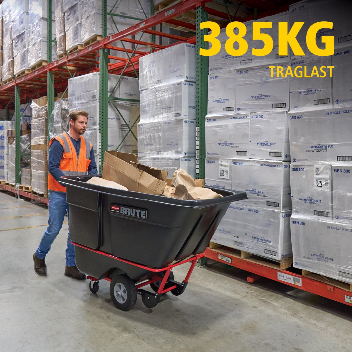 Der BRUTE Kippwagen verfügt über eine robuste Industriekonstruktion und transportiert schwere Lasten bis zu 385 kg – 952 kg (modellabhängig). Der DuraTilt™-Rahmen ermöglicht kontrolliertes Entleeren durch eine Person, während verstärkte Ecken Kratzer und Farbübertragungen auf den Boden reduzieren.