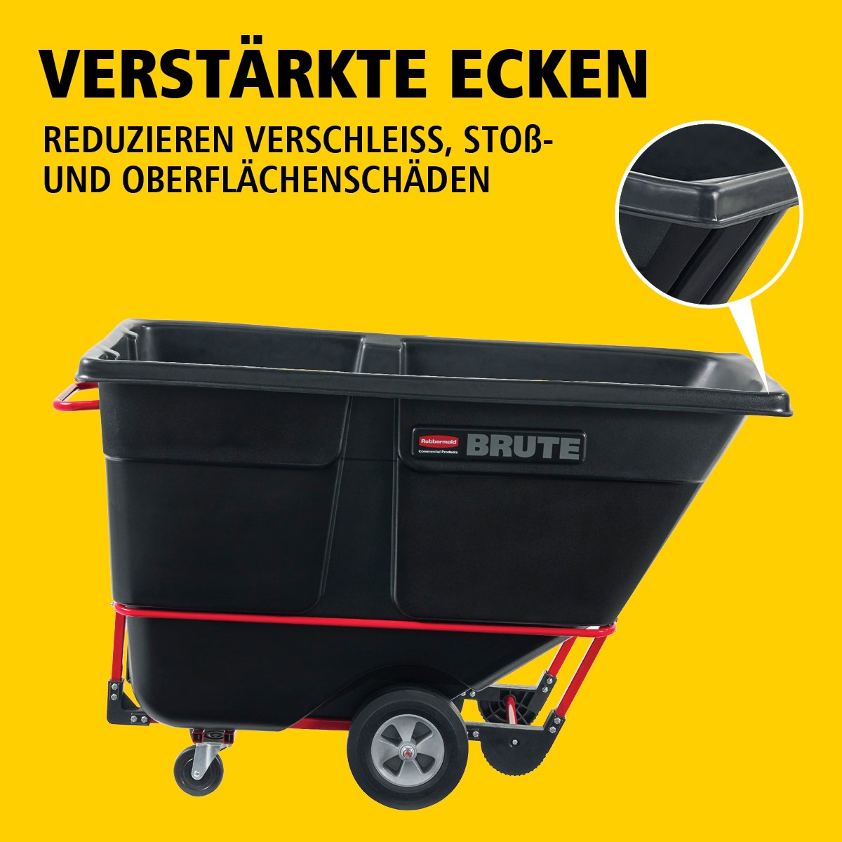 Der BRUTE Kippwagen verfügt über eine robuste Industriekonstruktion und transportiert schwere Lasten bis zu 385 kg – 952 kg (modellabhängig). Der DuraTilt™-Rahmen ermöglicht kontrolliertes Entleeren durch eine Person, während verstärkte Ecken Kratzer und Farbübertragungen auf den Boden reduzieren.
