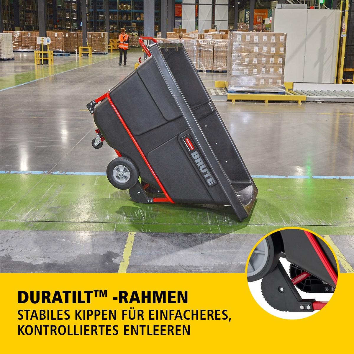 Der BRUTE Kippwagen verfügt über eine robuste Industriekonstruktion und transportiert schwere Lasten bis zu 385 kg – 952 kg (modellabhängig). Der DuraTilt™-Rahmen ermöglicht kontrolliertes Entleeren durch eine Person, während verstärkte Ecken Kratzer und Farbübertragungen auf den Boden reduzieren.