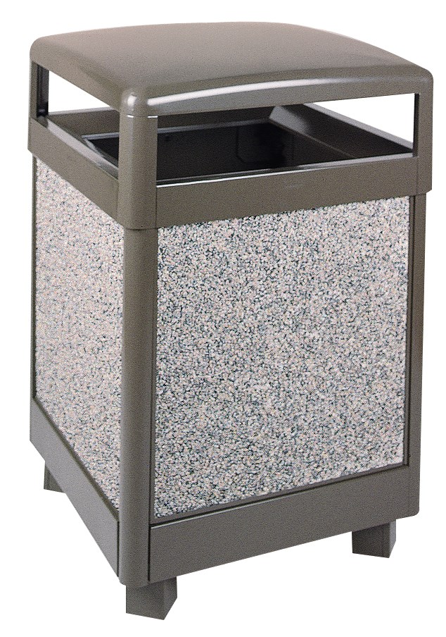 Aspen 系列 48 加侖裝飾性戶外廢物容器採用重型防火鋼製成，可承受重度使用和惡劣的天候條件，同時提供多年的戶外服務。