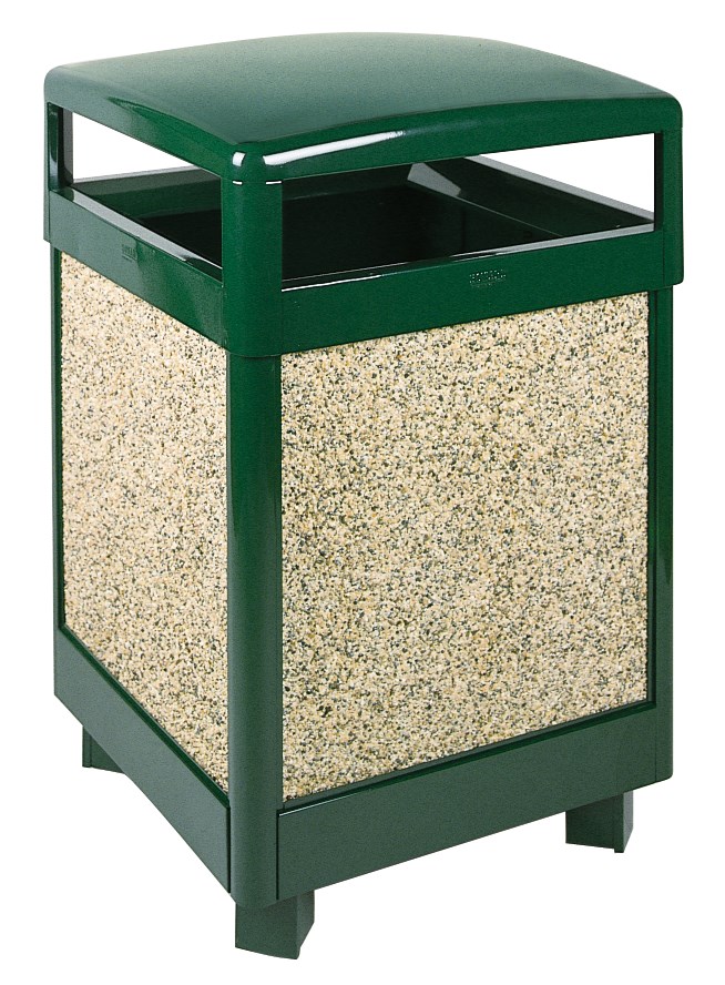The Aspen Series 48 Gallon  Decorative Outdoor Waste Container is made from heavy-gauge, fire-safe steel designed to stand up to heavy use and harsh weather conditions while providing years of outdoor service.