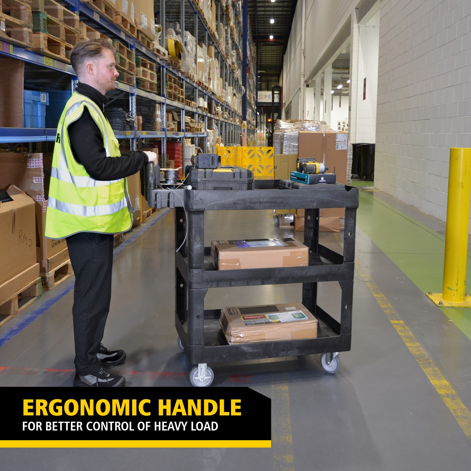 The BRUTE Heavy-Duty Utility Cart with Lipped Shelf transports materials, supplies, and heavy loads securely with up to 226Kg - 340Kg (size dependent) and option of 2,3 & 4 shelves for increased capacity. The lipped shelves prevents items from falling off the cart and features a premium ergonomic handle for easy manoeuvrability.
