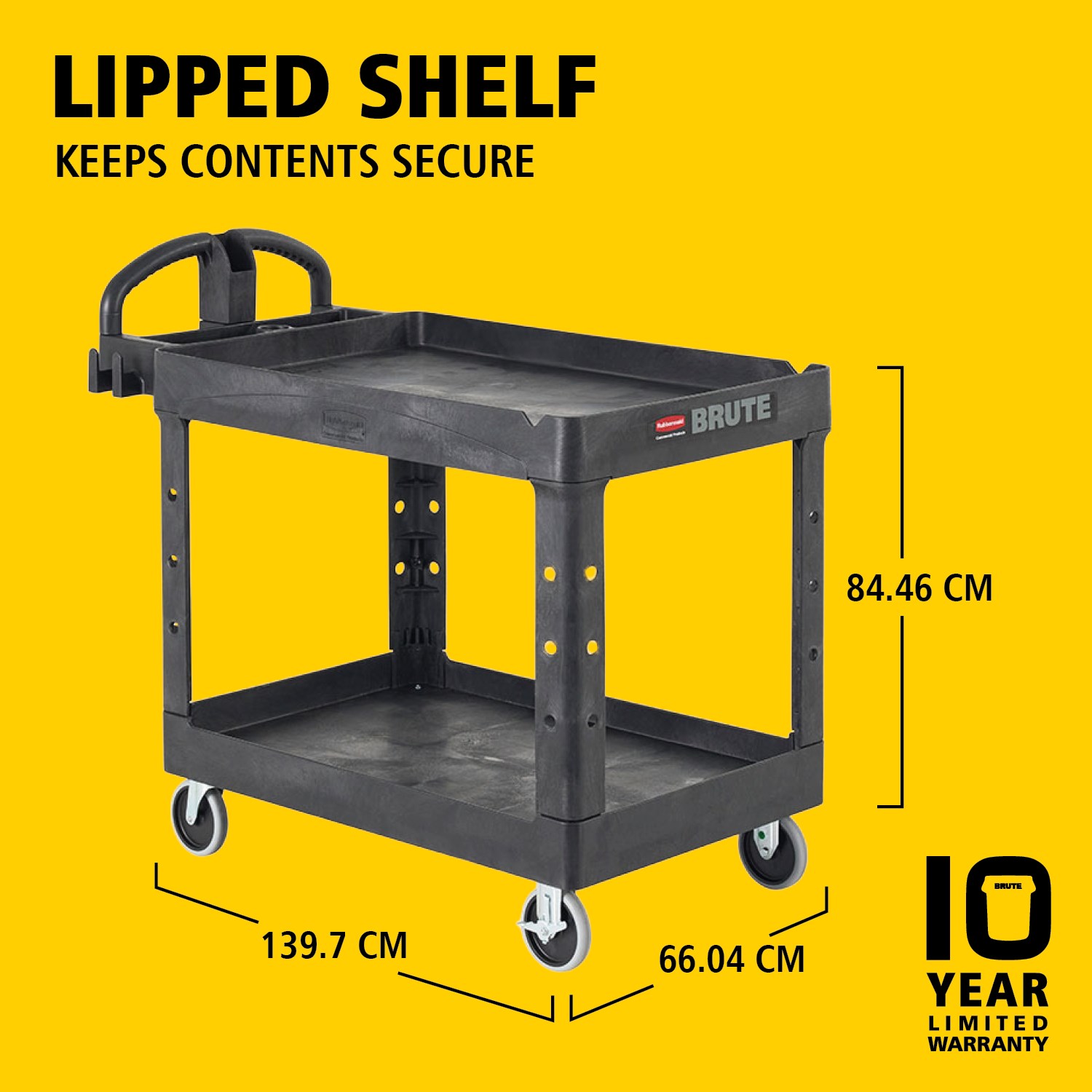 Les chariots utilitaires BRUTE Heavy-Duty avec étagères à rebords transportent en toute sécurité matériaux, fournitures et charges lourdes jusqu’à 226 kg – 340 kg (selon le modèle), avec options de 2, 3 ou 4 étagères pour une capacité accrue. Les étagères à rebords empêchent les objets de tomber et les chariots sont équipés d’une poignée ergonomique premium pour une excellente maniabilité ainsi que d’une encoche en V intégrée pour maintenir les tuyaux en toute sécurité lors de la découpe.