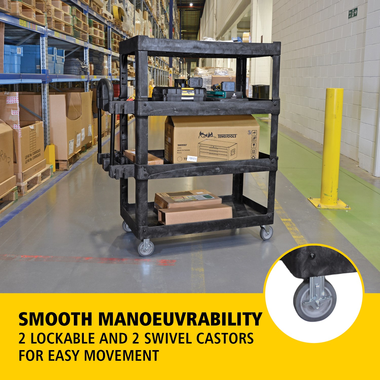 The BRUTE Heavy-Duty Utility Cart with Lipped Shelf transports materials, supplies, and heavy loads securely with up to 226Kg - 340Kg (size dependent) and option of 2,3 & 4 shelves for increased capacity. The lipped shelves prevents items from falling off the cart and features a premium ergonomic handle for easy manoeuvrability.