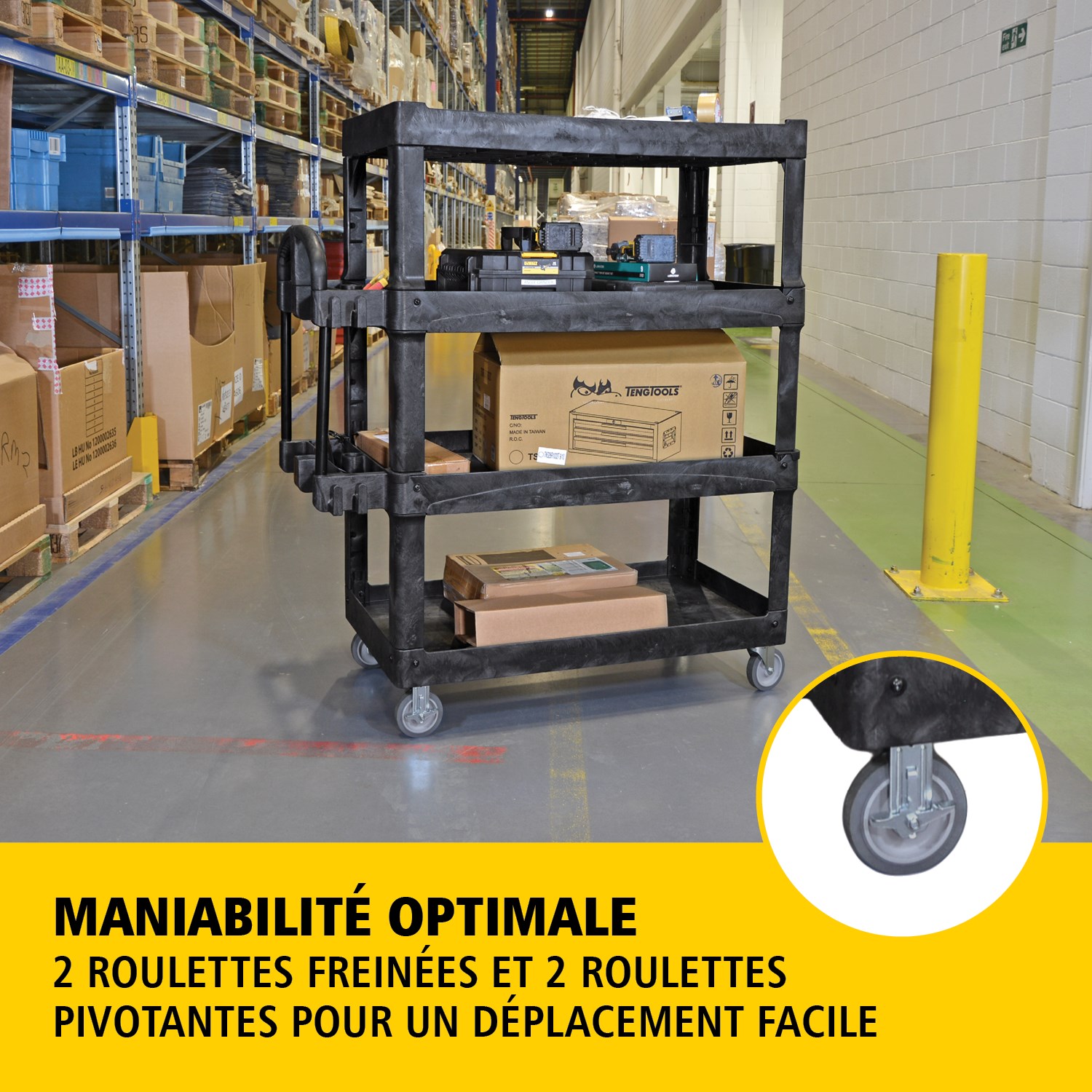 Les chariots utilitaires BRUTE Heavy-Duty avec étagères à rebords transportent en toute sécurité matériaux, fournitures et charges lourdes jusqu’à 226 kg – 340 kg (selon le modèle), avec options de 2, 3 ou 4 étagères pour une capacité accrue. Les étagères à rebords empêchent les objets de tomber et les chariots sont équipés d’une poignée ergonomique premium pour une excellente maniabilité ainsi que d’une encoche en V intégrée pour maintenir les tuyaux en toute sécurité lors de la découpe.