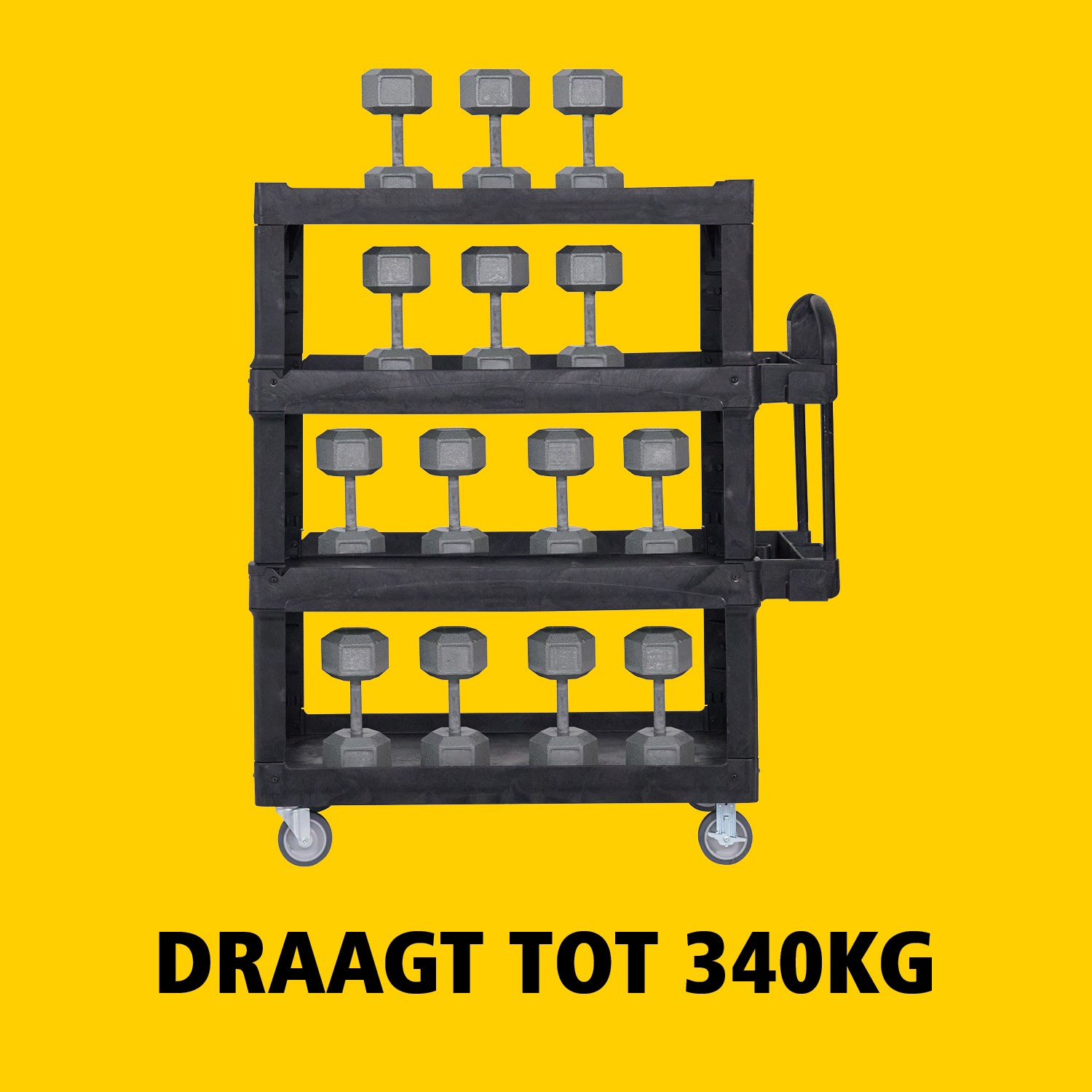De BRUTE heavy-duty utility cart met opstaande randen transporteert materialen en zware lasten veilig tot 226 kg – 340 kg (afhankelijk van het model), met opties voor 2, 3 of 4 legplanken. De opstaande randen voorkomen dat items vallen en de ergonomische handgreep zorgt voor eenvoudige manoeuvreerbaarheid. De geïntegreerde V-groef houdt buizen veilig tijdens het snijden.