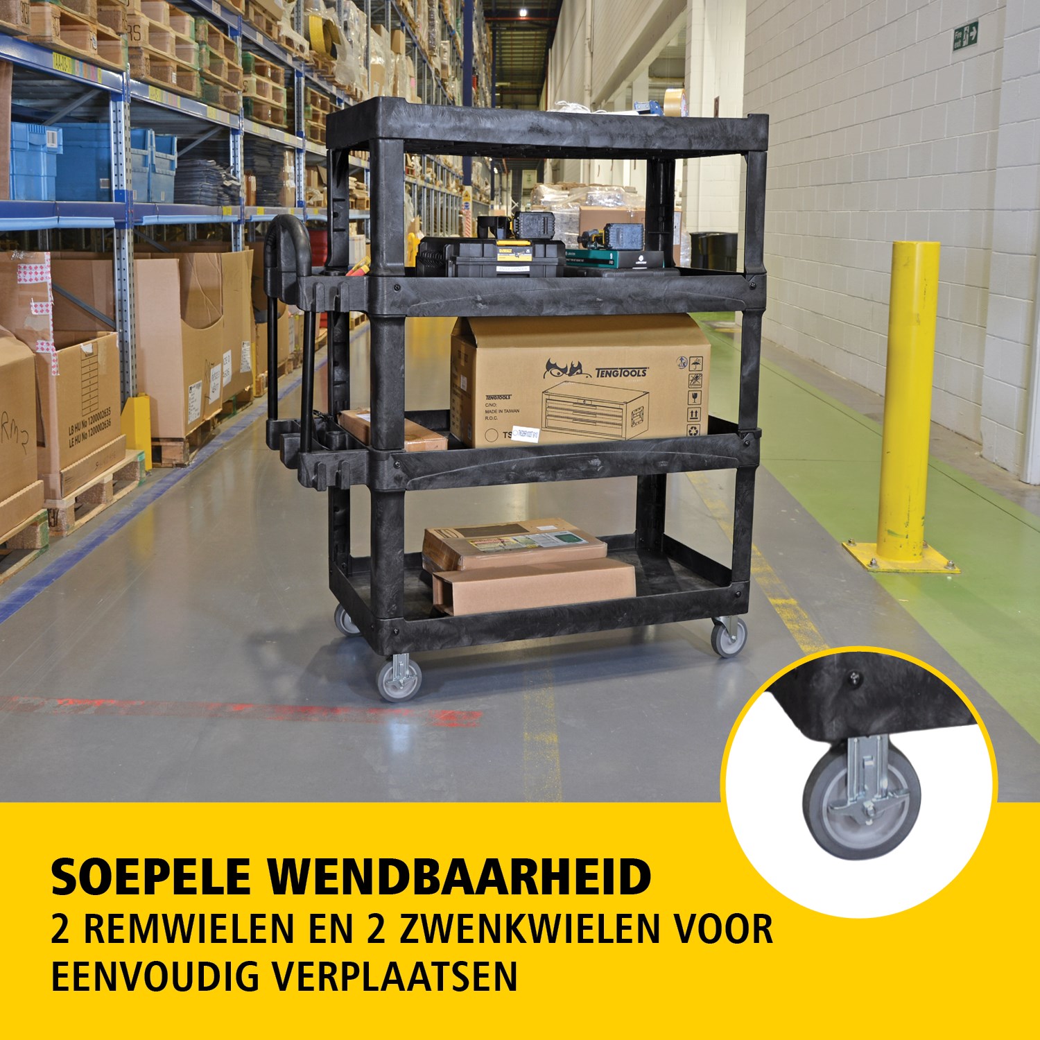 De BRUTE heavy-duty utility cart met opstaande randen transporteert materialen en zware lasten veilig tot 226 kg – 340 kg (afhankelijk van het model), met opties voor 2, 3 of 4 legplanken. De opstaande randen voorkomen dat items vallen en de ergonomische handgreep zorgt voor eenvoudige manoeuvreerbaarheid. De geïntegreerde V-groef houdt buizen veilig tijdens het snijden.