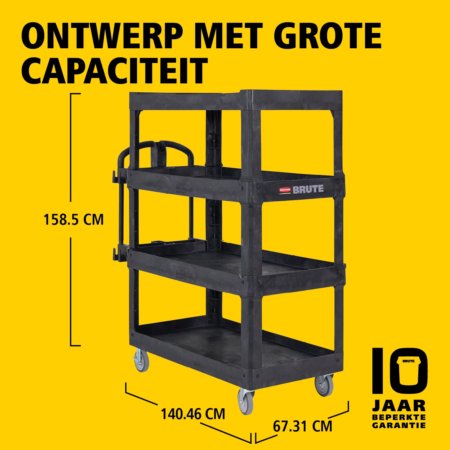 De BRUTE heavy-duty utility cart met opstaande randen transporteert materialen en zware lasten veilig tot 226 kg – 340 kg (afhankelijk van het model), met opties voor 2, 3 of 4 legplanken. De opstaande randen voorkomen dat items vallen en de ergonomische handgreep zorgt voor eenvoudige manoeuvreerbaarheid. De geïntegreerde V-groef houdt buizen veilig tijdens het snijden.