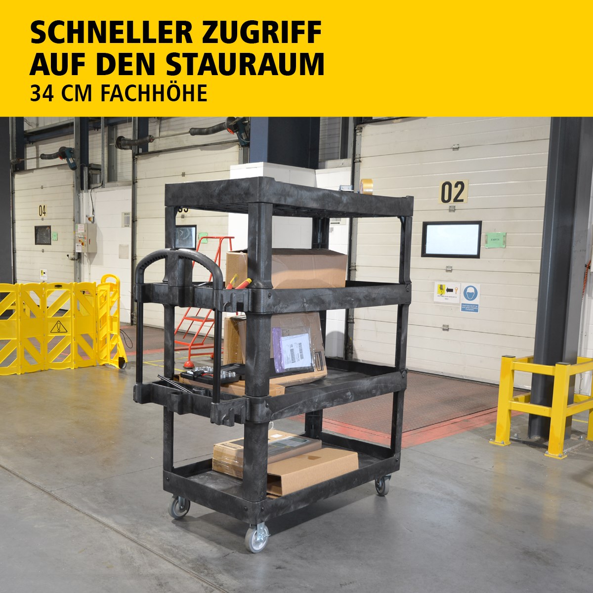 Der BRUTE Heavy-Duty Mehrzweckwagen mit erhöhten Rändern transportiert Materialien und schwere Lasten sicher bis zu 226 kg – 340 kg (modellabhängig), mit Optionen für 2, 3 oder 4 Ebenen für zusätzliche Kapazität. Die erhöhten Ränder verhindern das Herunterfallen von Gegenständen, und der ergonomische Griff sorgt für einfache Handhabung. Die integrierte V-Nut hält Rohre sicher beim Schneiden.