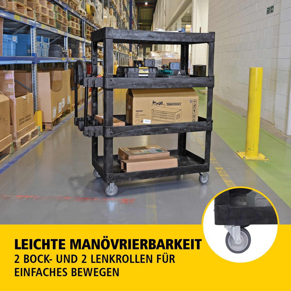 Der BRUTE Heavy-Duty Mehrzweckwagen mit erhöhten Rändern transportiert Materialien und schwere Lasten sicher bis zu 226 kg – 340 kg (modellabhängig), mit Optionen für 2, 3 oder 4 Ebenen für zusätzliche Kapazität. Die erhöhten Ränder verhindern das Herunterfallen von Gegenständen, und der ergonomische Griff sorgt für einfache Handhabung. Die integrierte V-Nut hält Rohre sicher beim Schneiden.